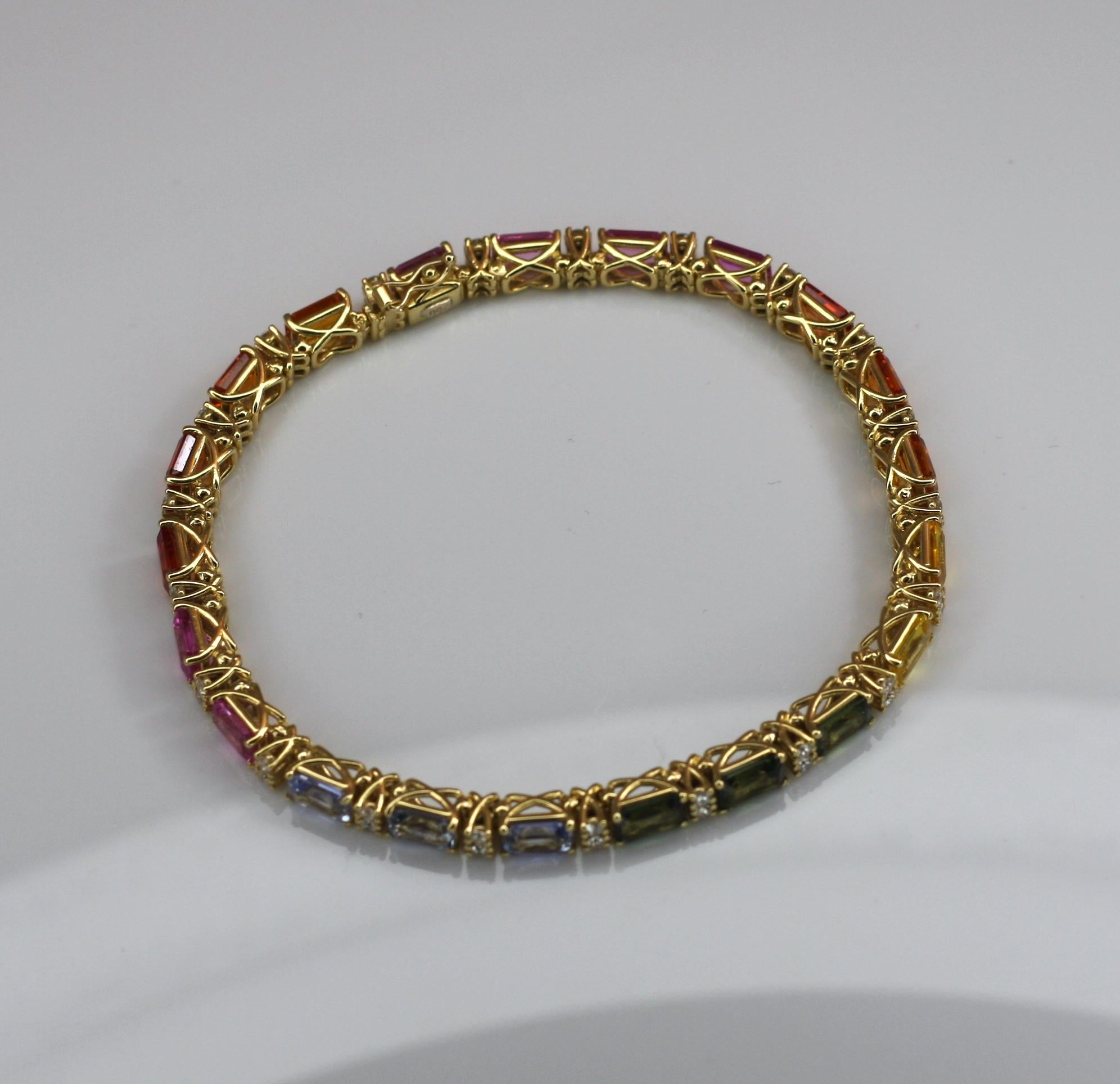 Georgios Collections 18 Karat Yellow Gold Diamond Multi-Color Sapphire Bracelet For Sale 7