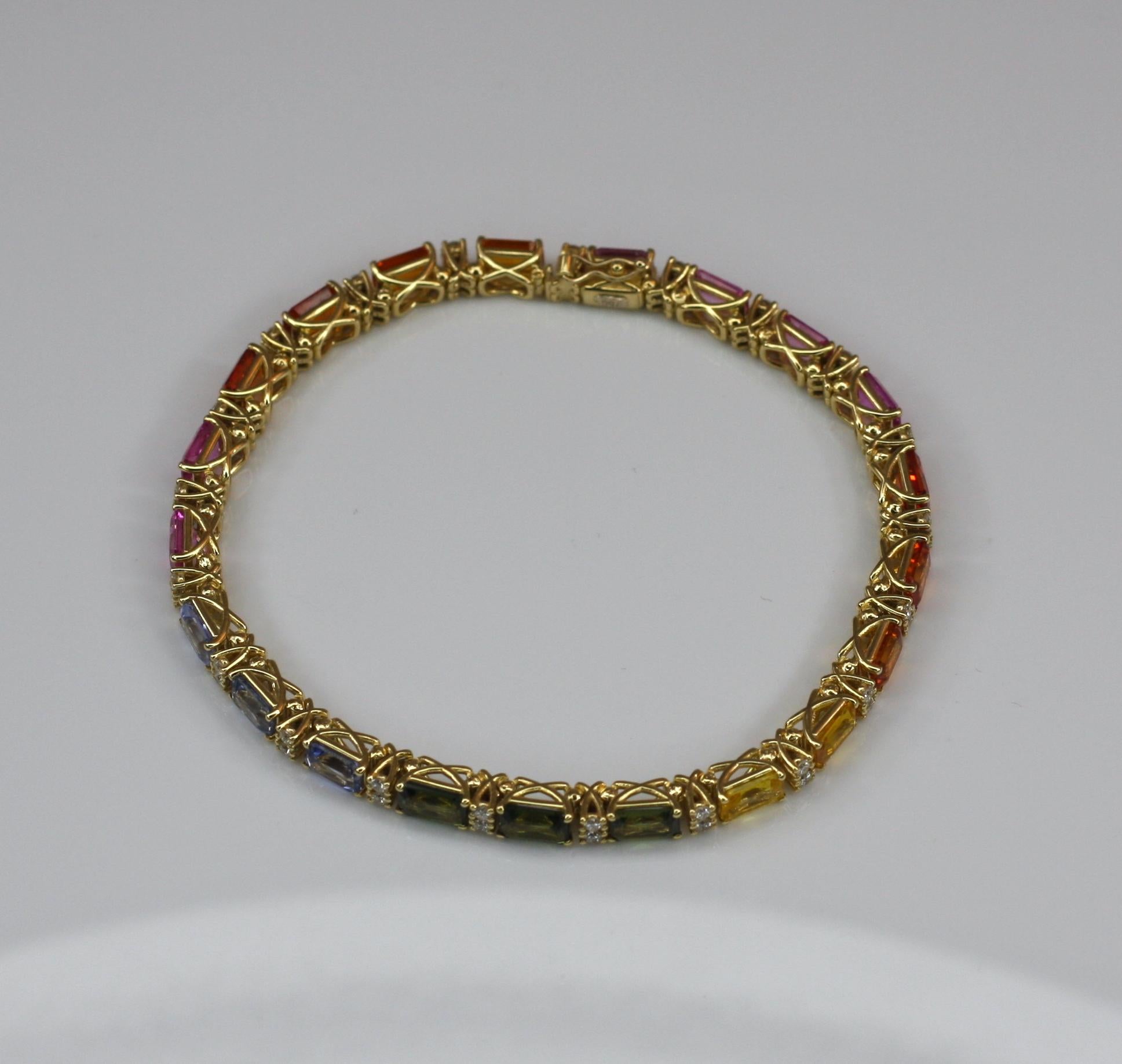 Georgios Collections 18 Karat Yellow Gold Diamond Multi-Color Sapphire Bracelet For Sale 8