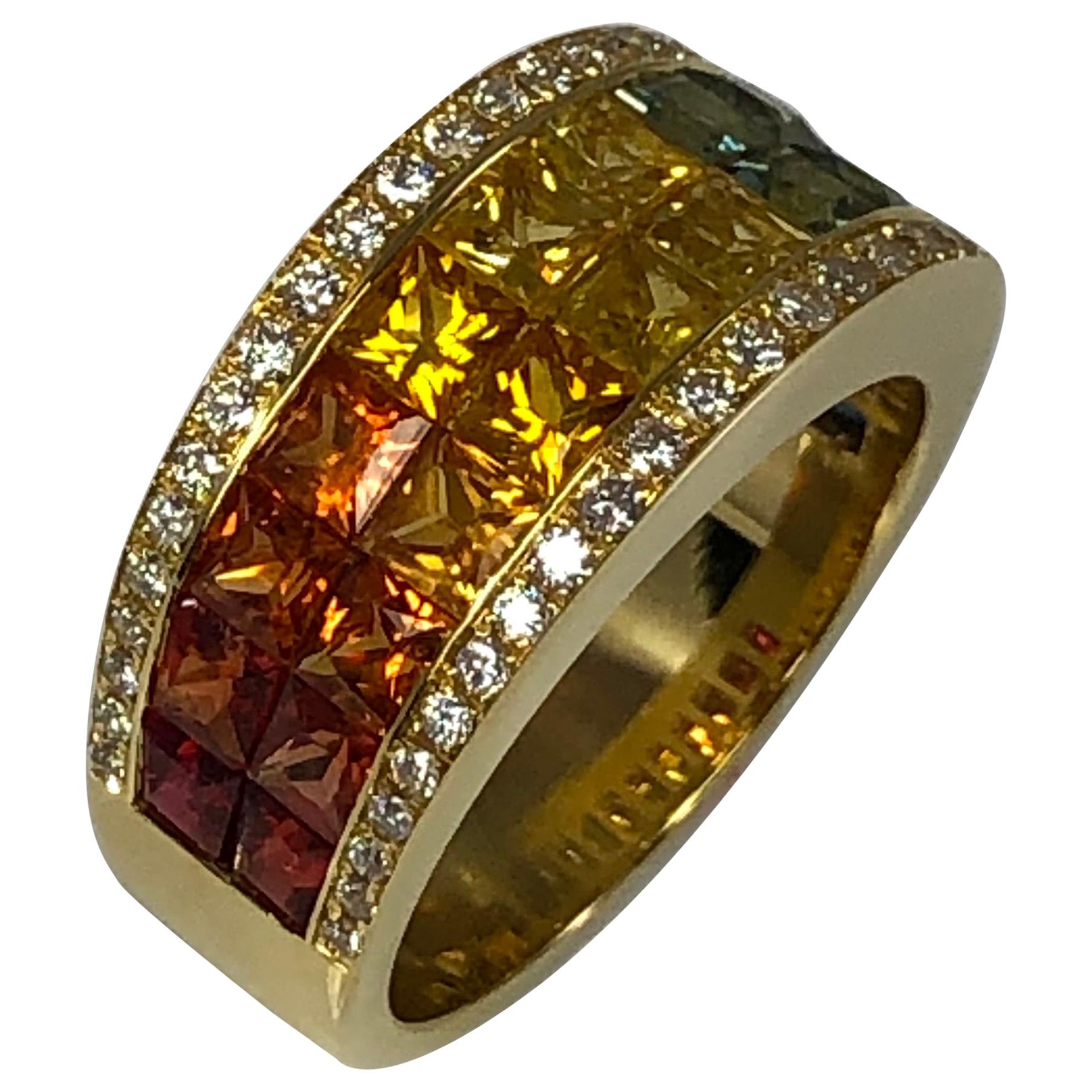 Georgios Collections 18 Karat Yellow Gold Diamond Multi-Color Sapphire Bracelet For Sale 9