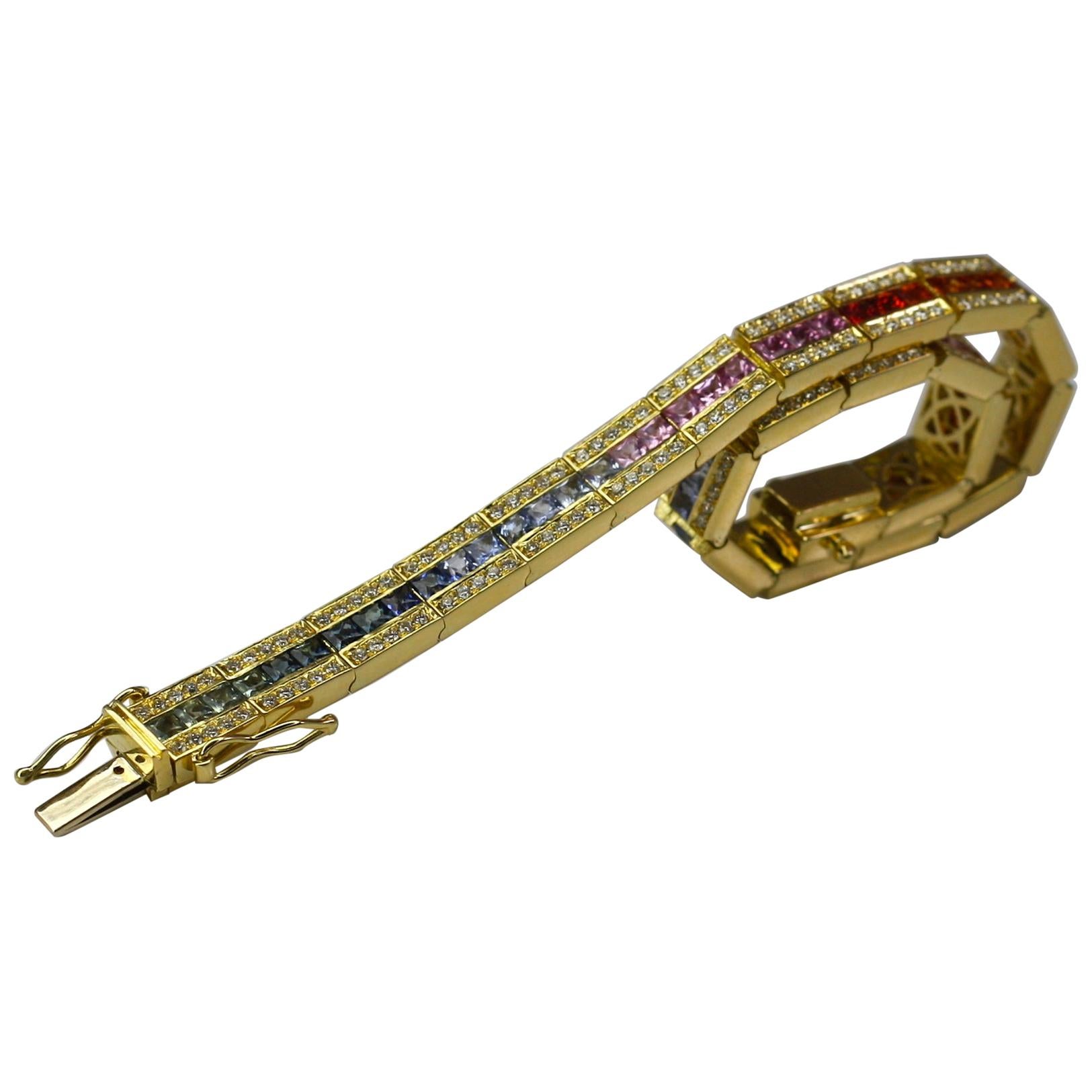 Georgios Collections 18 Karat Yellow Gold Diamond Multi-Color Sapphire Bracelet For Sale