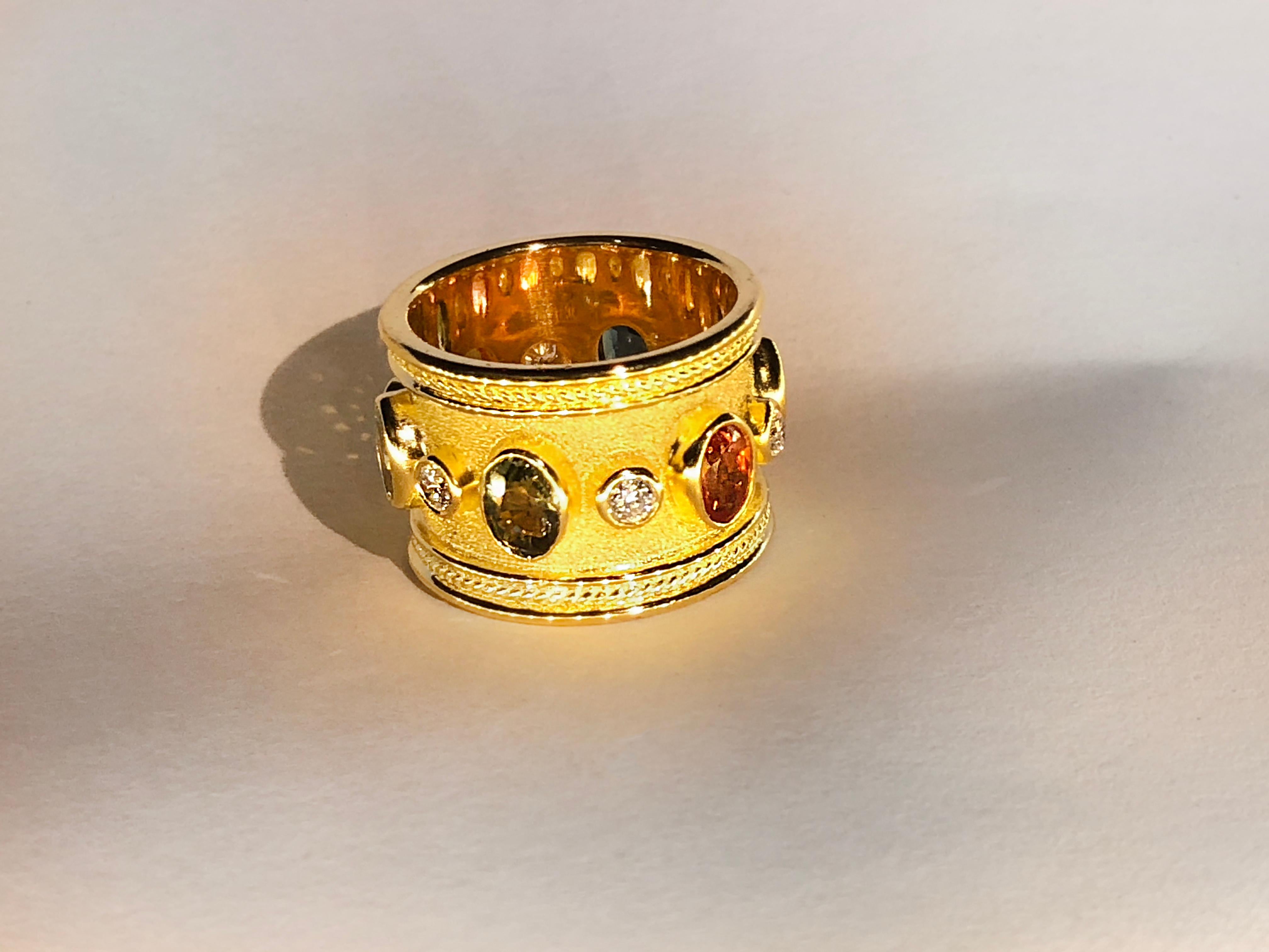 Byzantine Georgios Collections 18 Karat Yellow Gold Diamond Multi Gemstone Wide Band Ring For Sale