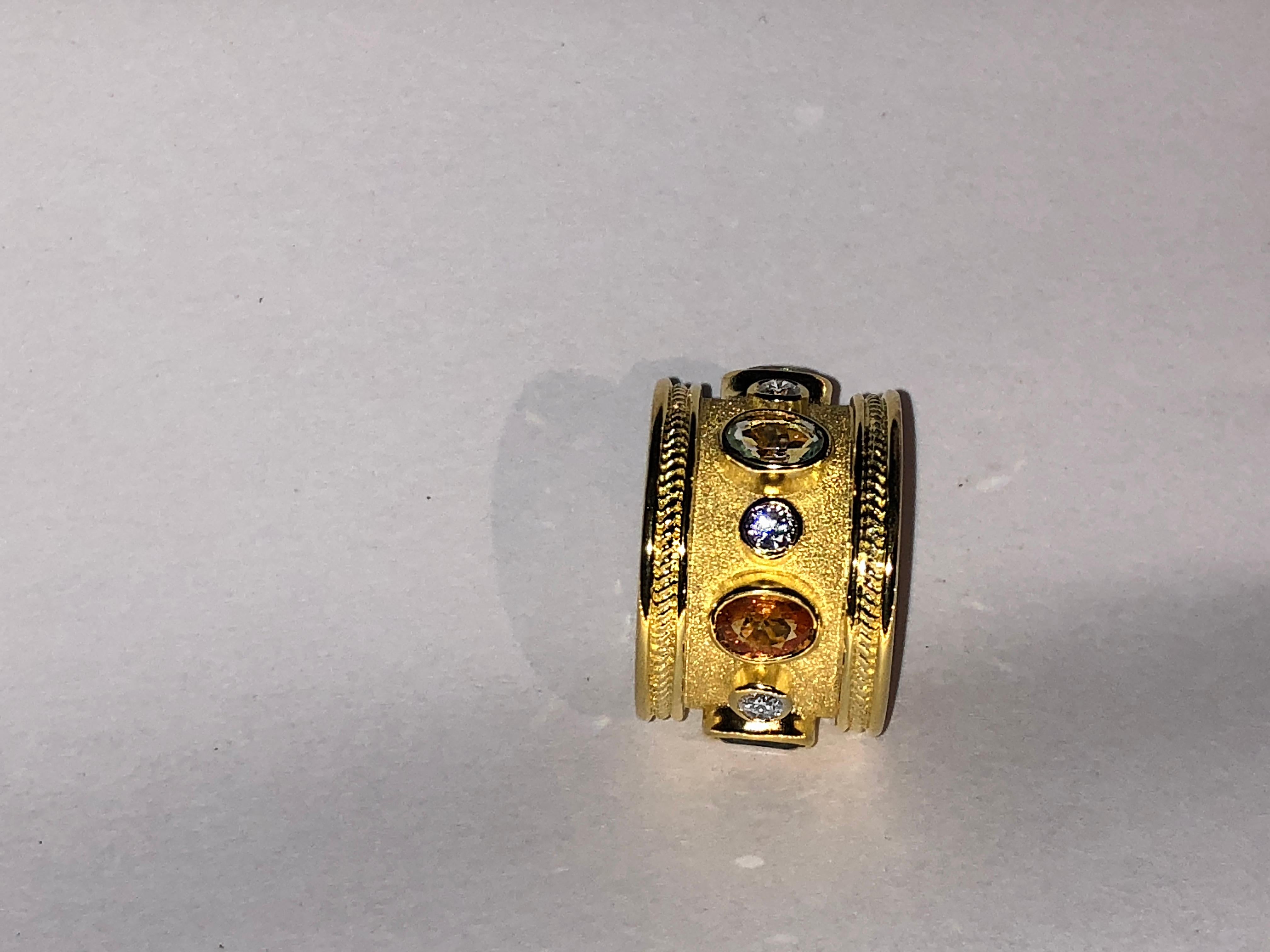 Georgios Collections 18 Karat Yellow Gold Diamond Multi Gemstone Wide Band Ring In New Condition For Sale In Astoria, NY