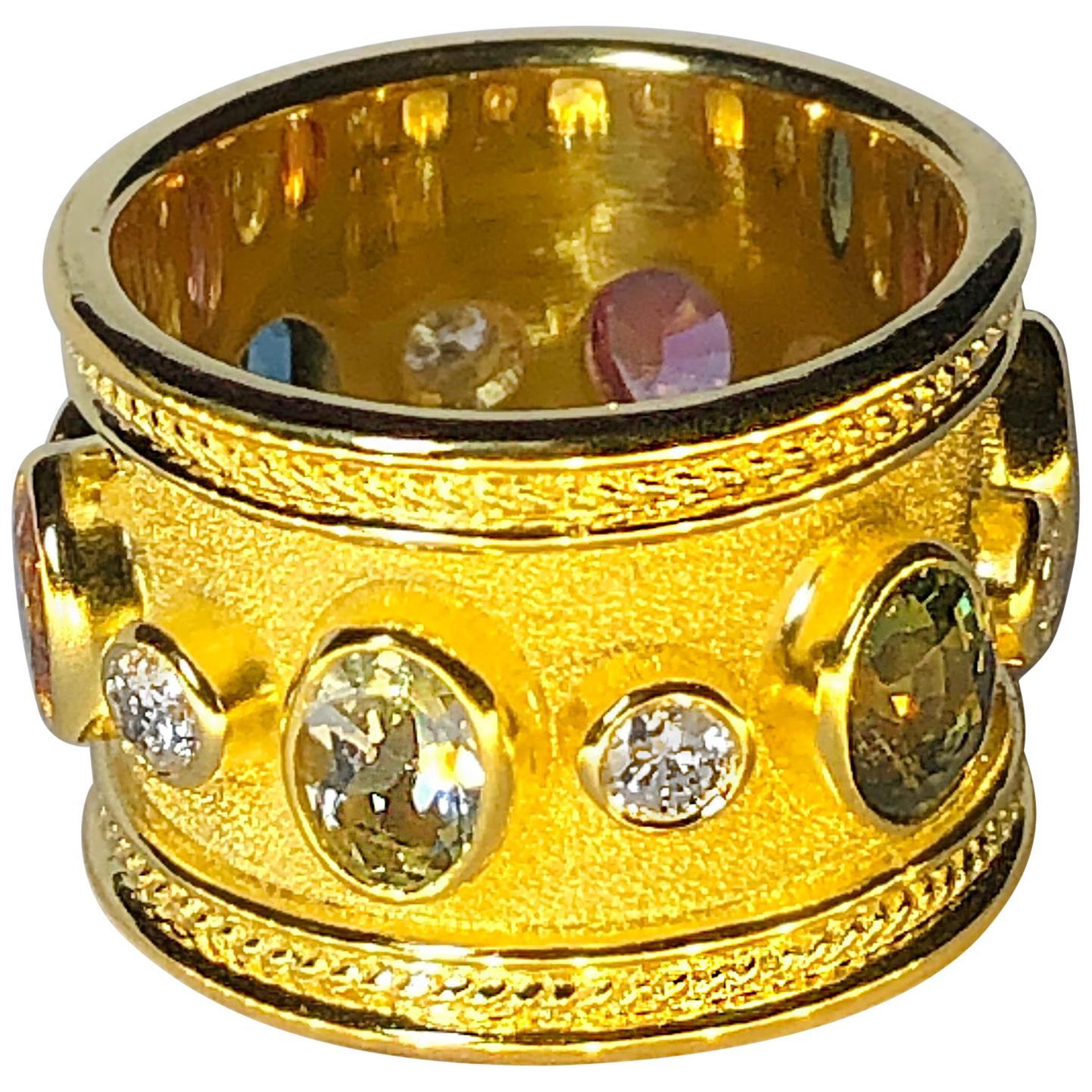 Georgios Collections 18 Karat Yellow Gold Diamond Multi Gemstone Wide Band Ring For Sale