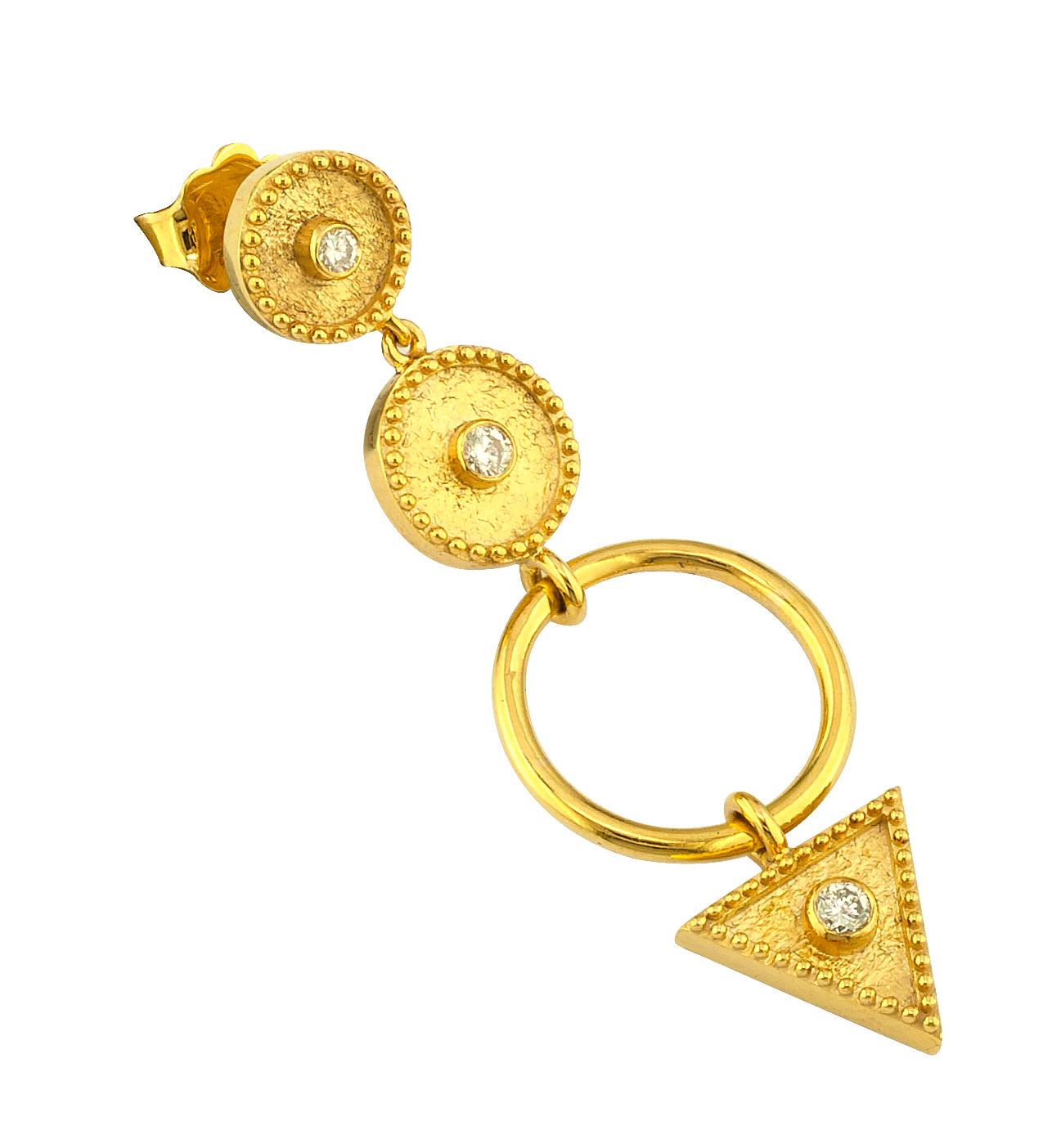 These S.Georgios designer earrings are hand made from 18 Karat Yellow Gold and decorated with Byzantine-era style granulation workmanship done all microscopically. This stunning pair of dangle earrings feature 6 brilliant-cut natural White Diamonds