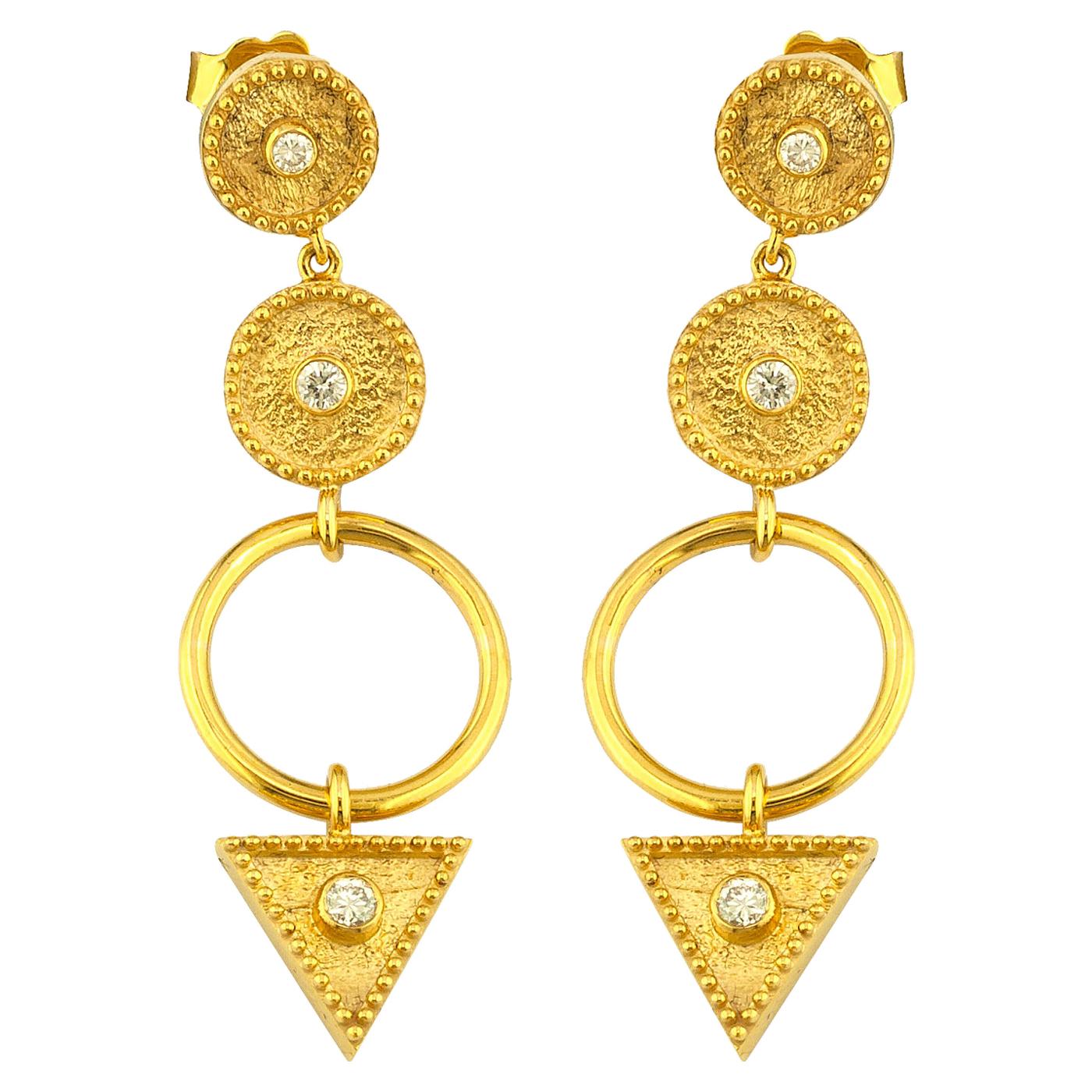 Georgios Collections 18 Karat Yellow Gold Diamond Ring Drop Dangle Long Earrings For Sale