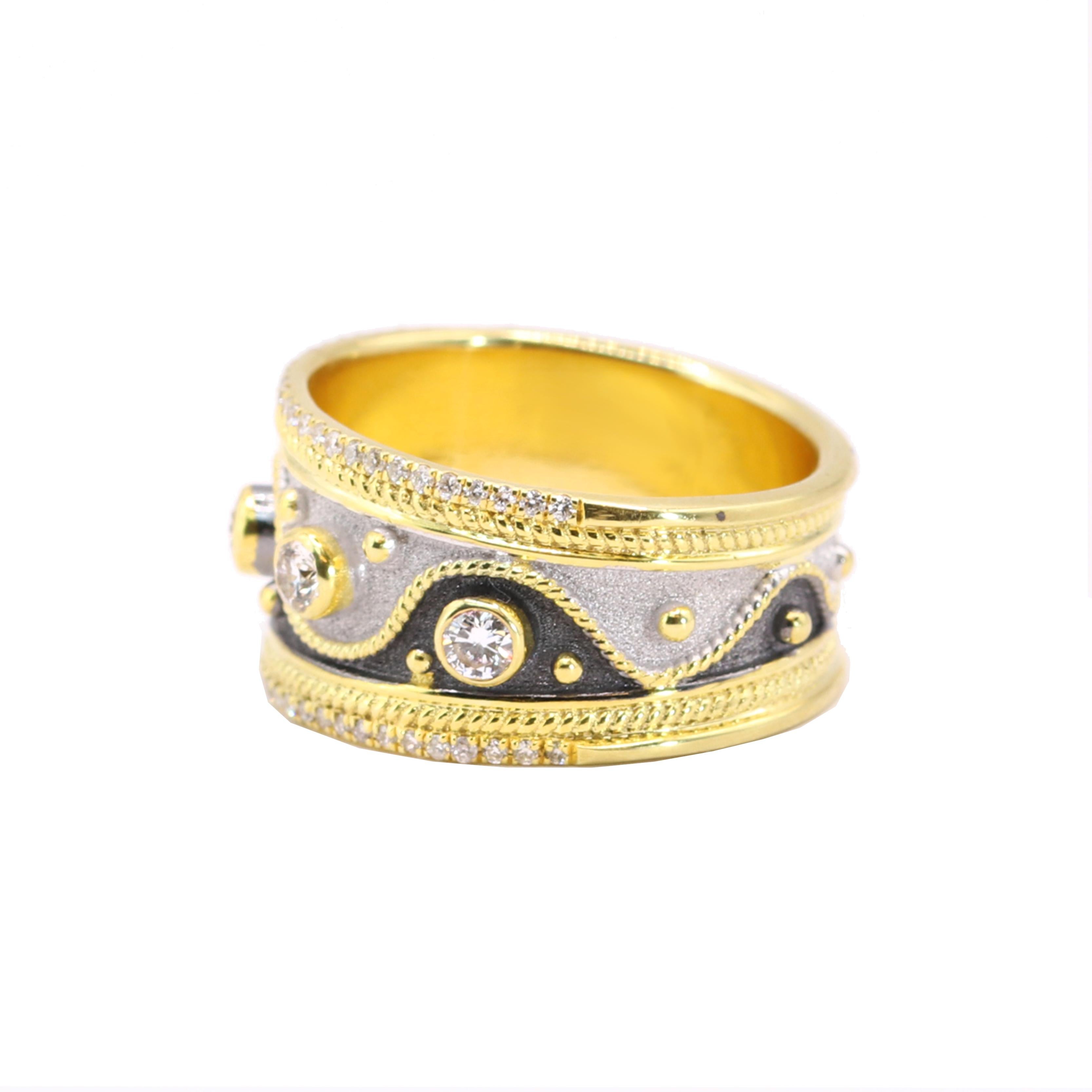 Byzantine Georgios Collections 18 Karat Yellow Gold Diamond Ring with Black, White Rhodium For Sale