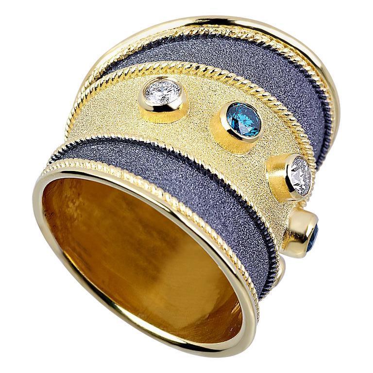 Women's Georgios Collections 18 Karat Yellow Gold Two-Tone Blue White Diamond Wide Ring For Sale