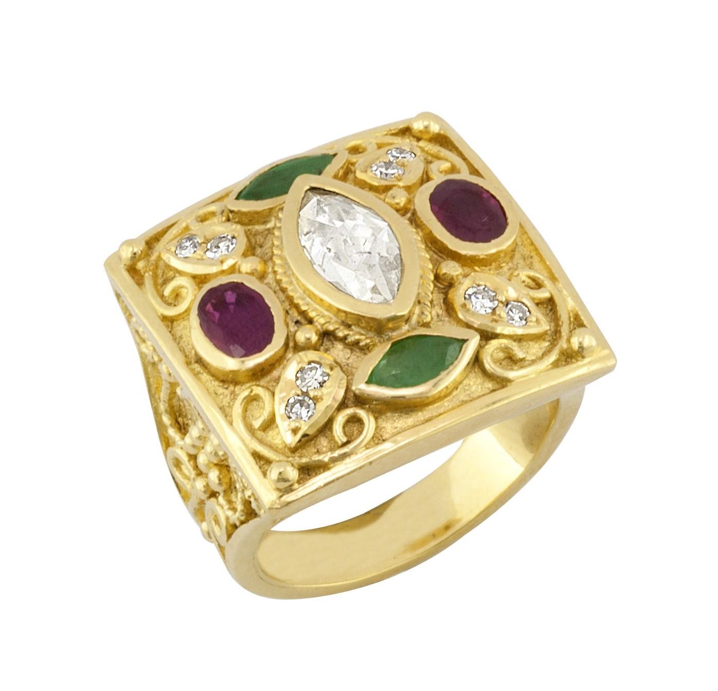 Georgios Collections 18 Karat Yellow Gold Diamond Ring With Emeralds and Rubies