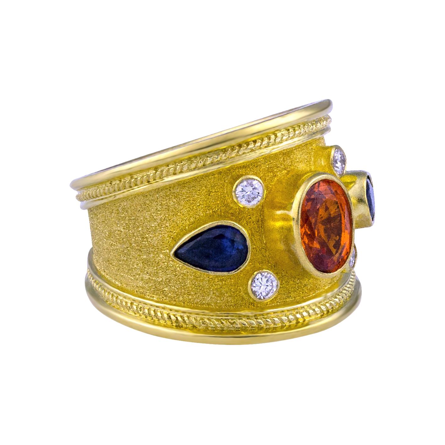 Byzantine Georgios Collections 18 Karat Yellow Gold Diamond Multicolor Sapphires Wide Ring For Sale
