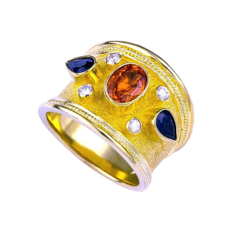 Georgios Collections Bague large en or jaune 18 carats avec diamants et saphirs multicolores Neuf - En vente à Astoria, NY