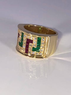 Georgios Collections 18 Karat Yellow Gold Diamond Ring with Rubies and Emeralds