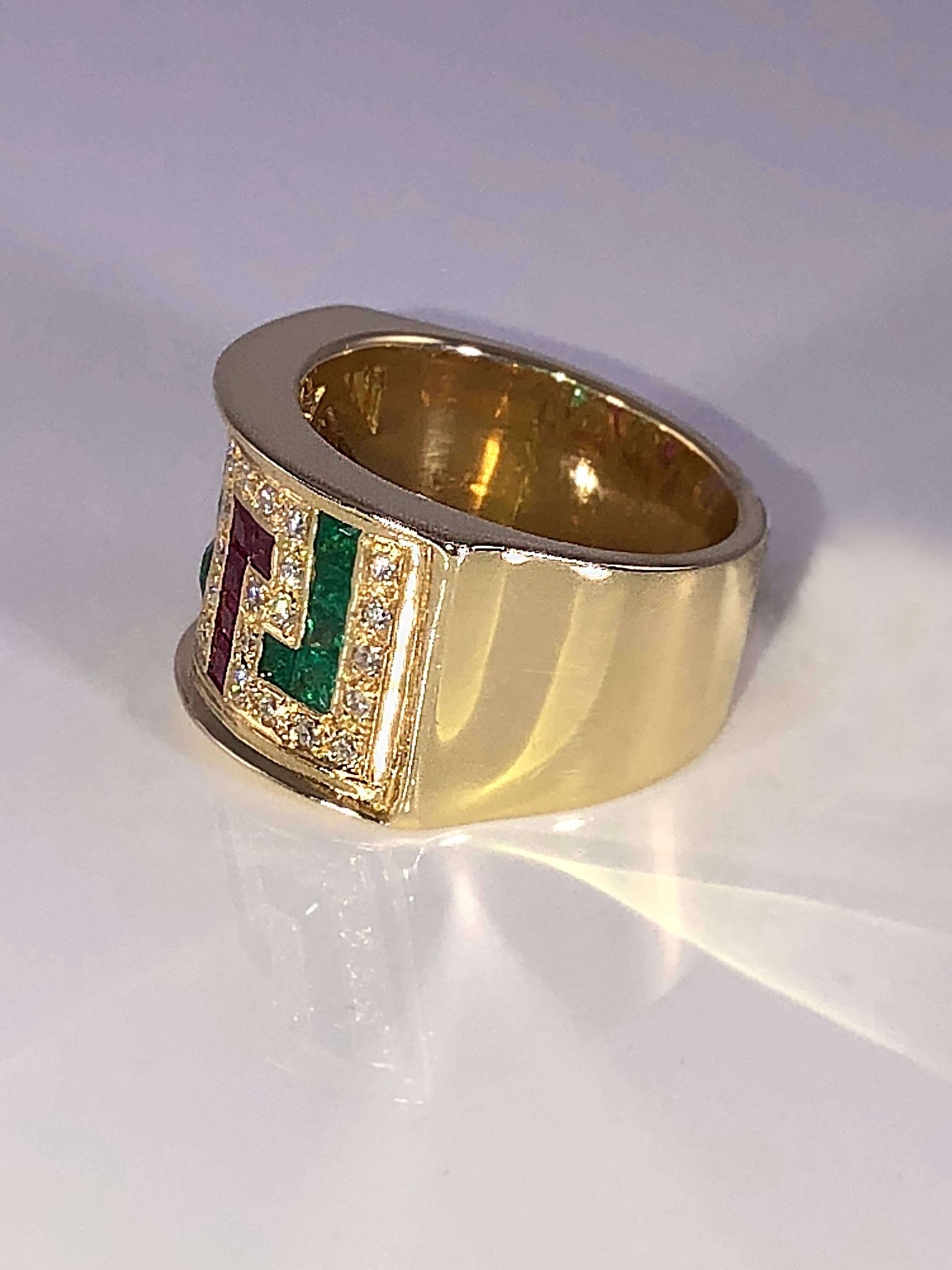 Classical Greek Georgios Collections 18 Karat Yellow Gold Diamond Ring with Rubies and Emeralds For Sale