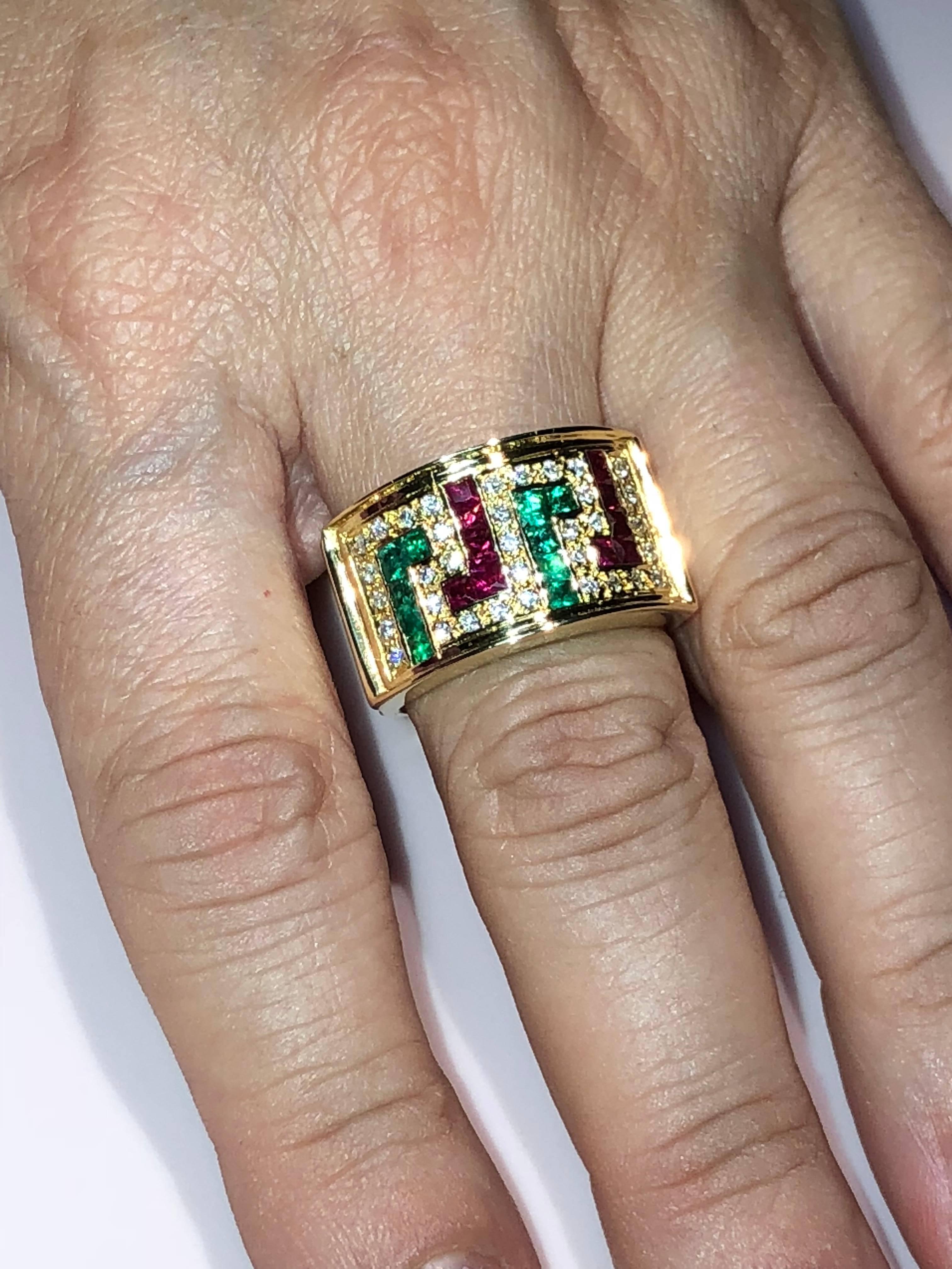 Georgios Collections 18 Karat Yellow Gold Diamond Ring with Rubies and Emeralds In New Condition For Sale In Astoria, NY