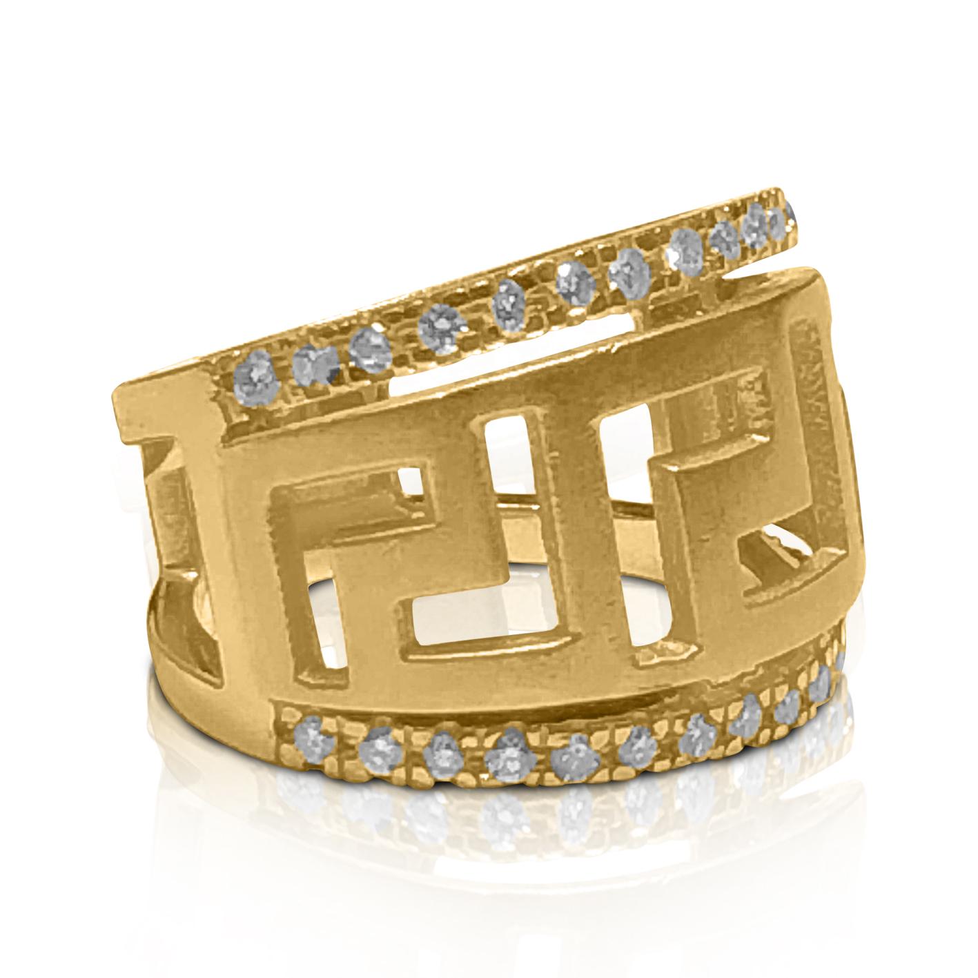 S. Georgios designer 18 Karat Yellow Gold Hand Made Diamond Ring with the Greek Key design that symbolizes eternity. The design is known as the symbol of long life and is one of the most classic designs in the world.
The gorgeous Ring is decorated