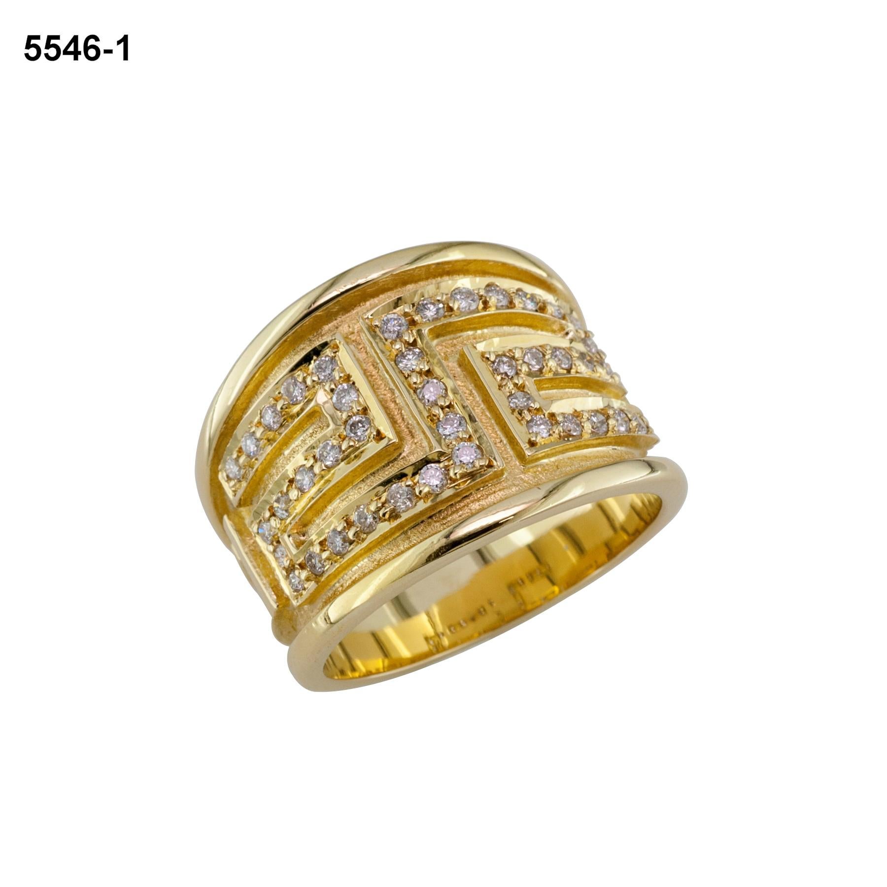 Classical Greek Georgios Collections 18 Karat Yellow Gold Diamond Greek Key Design Band Ring For Sale