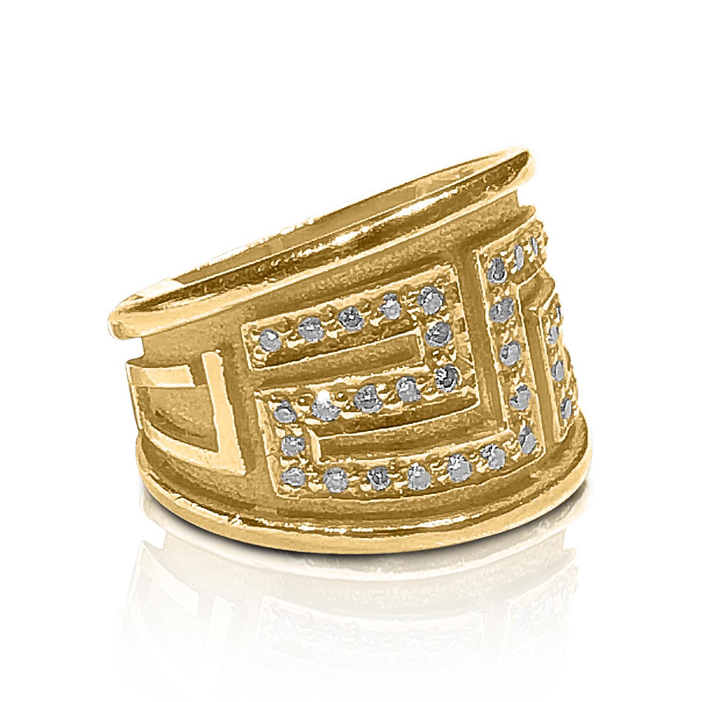 S.Georgios designer 18 Karat Yellow Gold Hand Made Diamond Band Ring with the Greek Key design that symbolizes eternity. The design is known as the symbol of long life and is one of the most classic designs in the world. This gorgeous Ring is