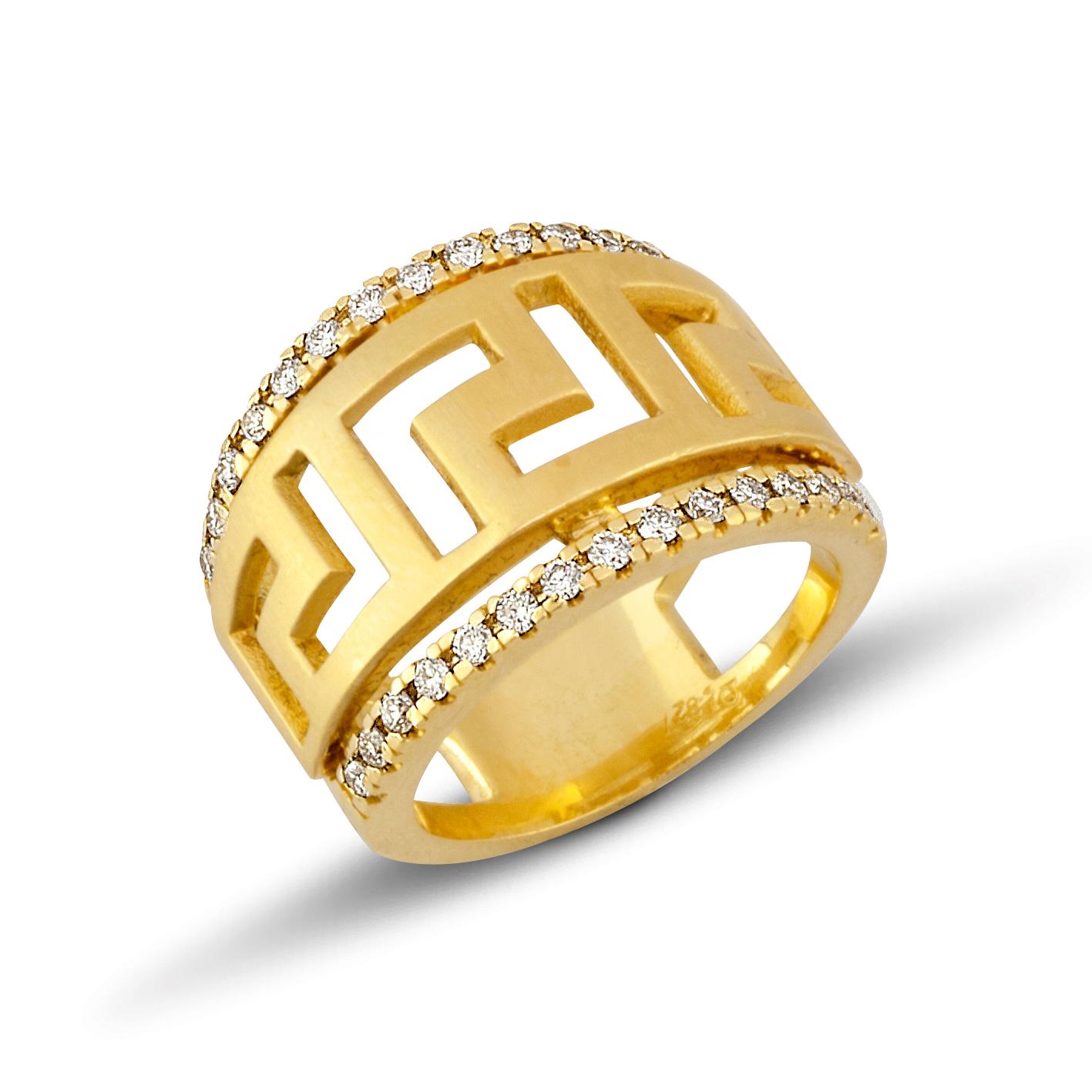 Round Cut Georgios Collections 18 Karat Yellow Gold Diamond Ring with the Greek Key Design For Sale