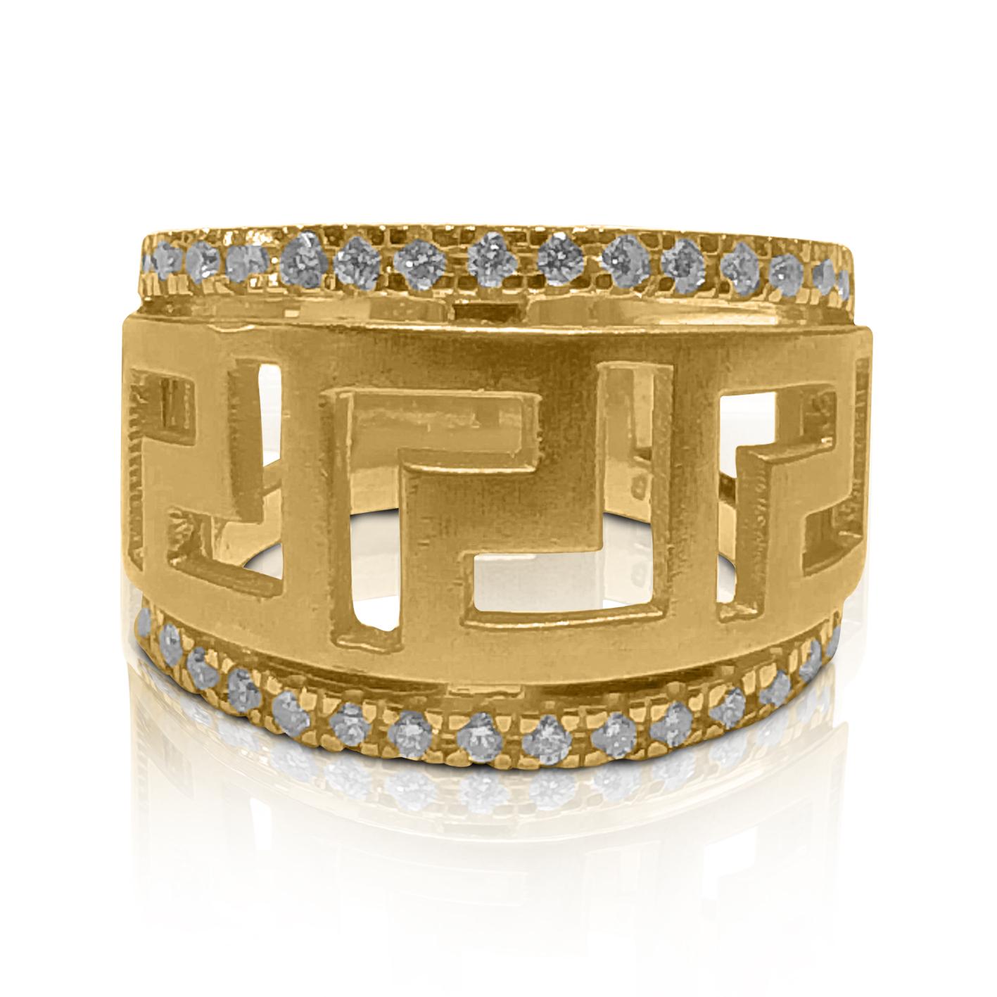 Classical Greek Georgios Collections 18 Karat Yellow Gold Diamond Ring with the Greek Key Design For Sale