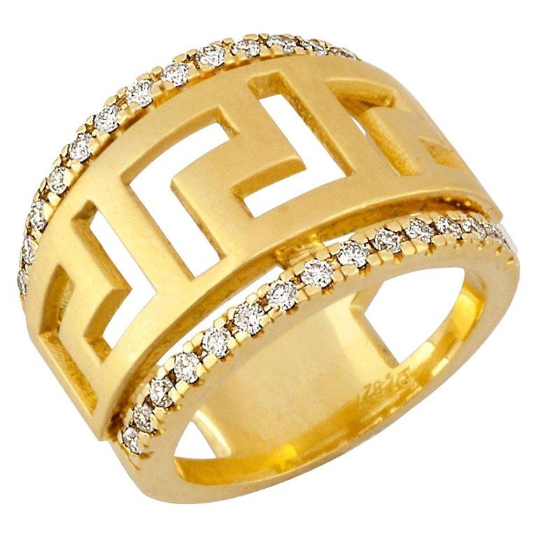 Georgios Collections 18 Karat Yellow Gold Diamond Ring with the Greek Key Design In New Condition For Sale In Astoria, NY