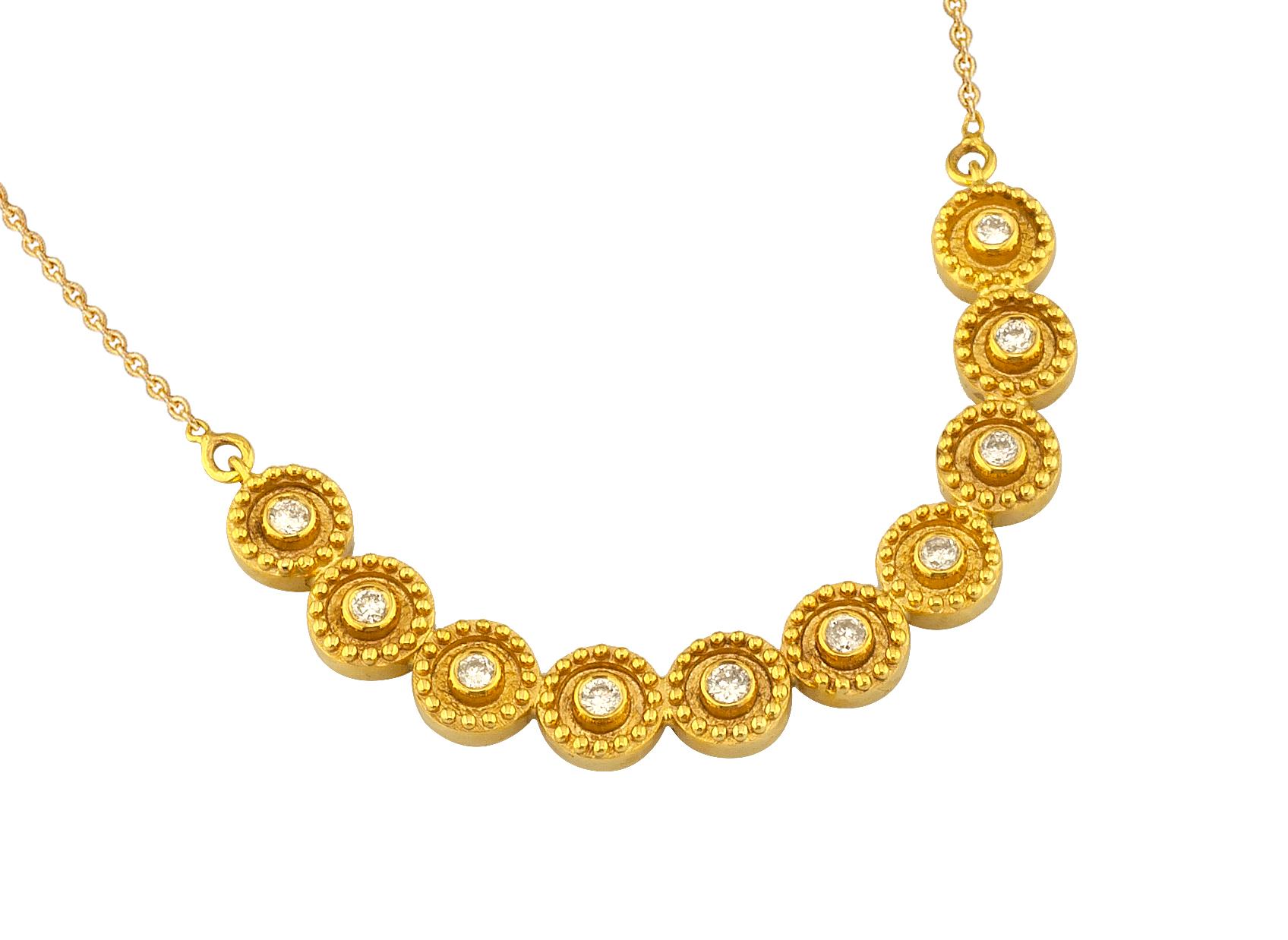 This S.Georgios designer chain necklace is 18 Karat yellow gold and microscopically decorated with hand-made bead granulation workmanship, and finished with a unique velvet background look. This beautiful everyday necklace features 10 brilliant-cut