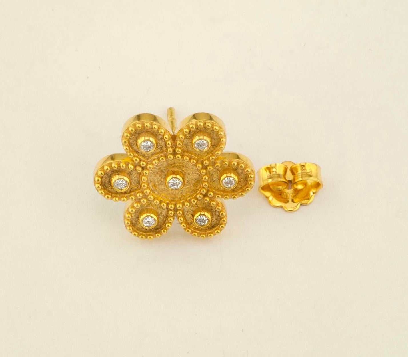 Georgios Collections 18 Karat Yellow Gold Diamond Round Flower Stud Earrings For Sale 3