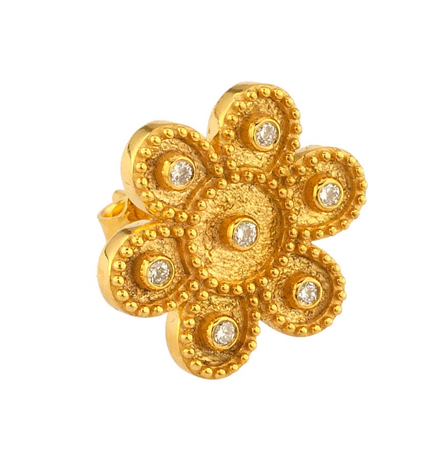 These S.Georgios Designer Earrings are 18 Karat yellow gold and microscopically decorated with hand-made granulation workmanship, finished with a unique velvet background look. These beautiful flowers have a total of 14 brilliant-cut White Diamonds