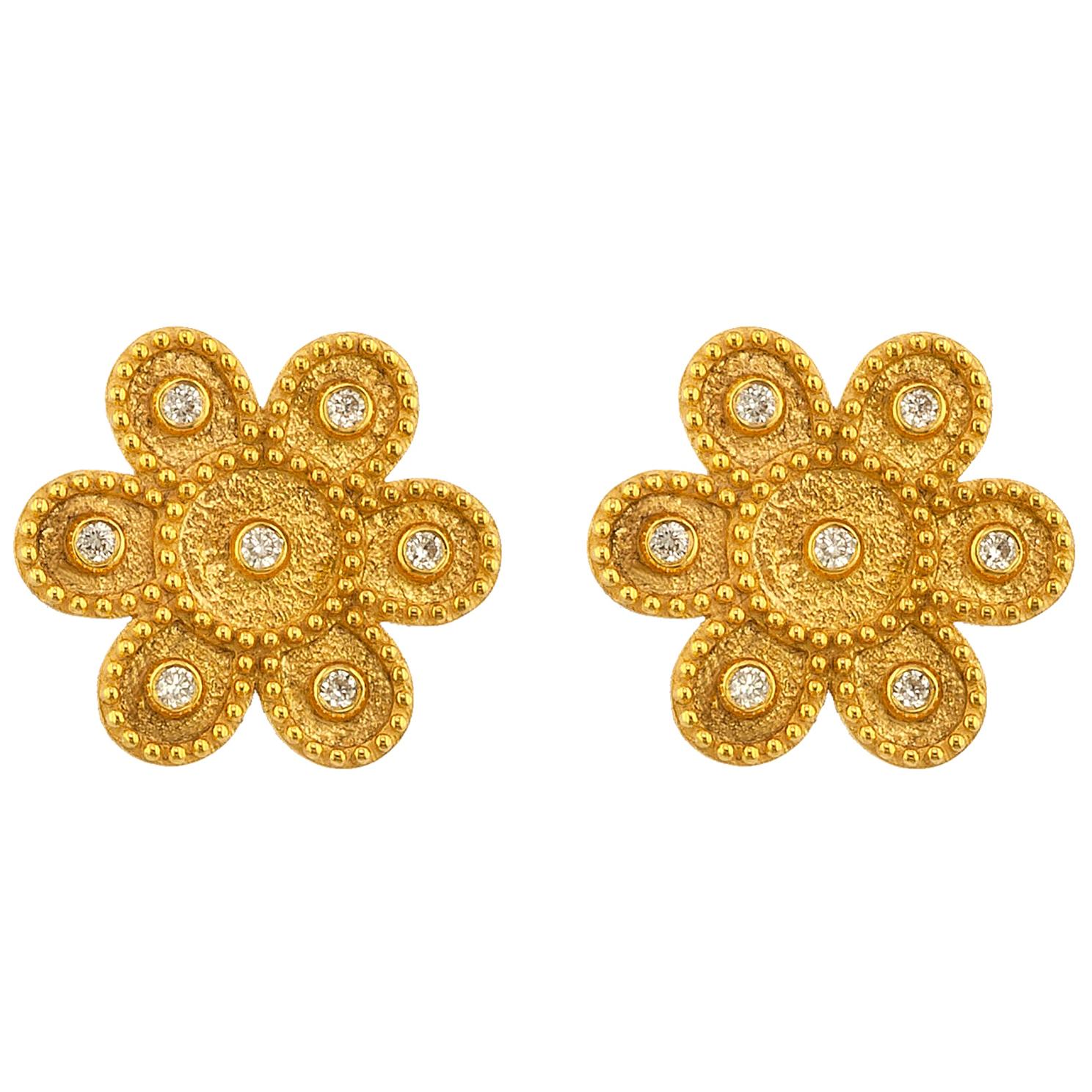 Georgios Collections Pendientes de Oro Amarillo de 18 Kilates Diamante Flor Redonda