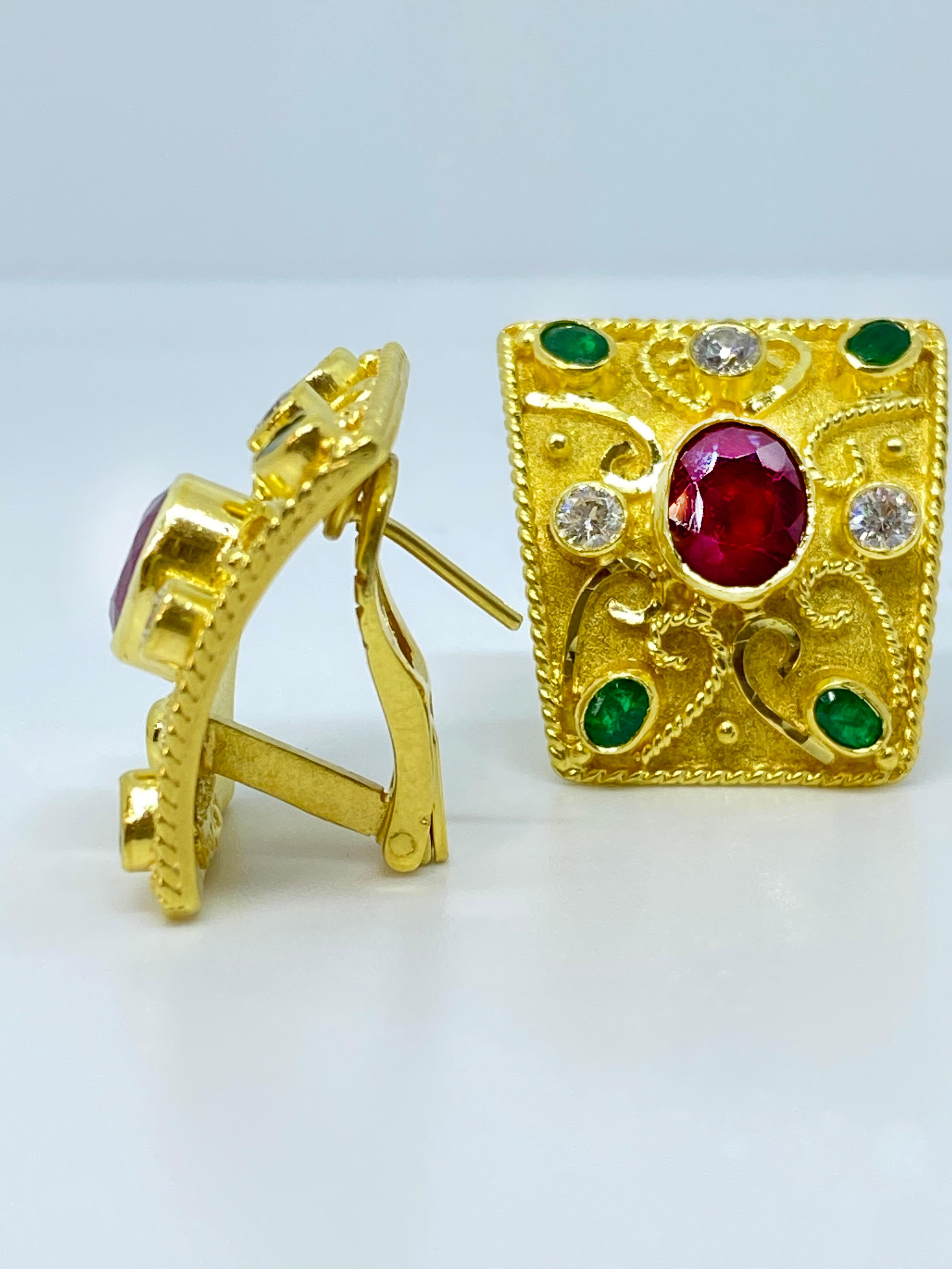Georgios Collections 18 Karat Yellow Gold Diamond Ruby and Emerald Earrings For Sale 9