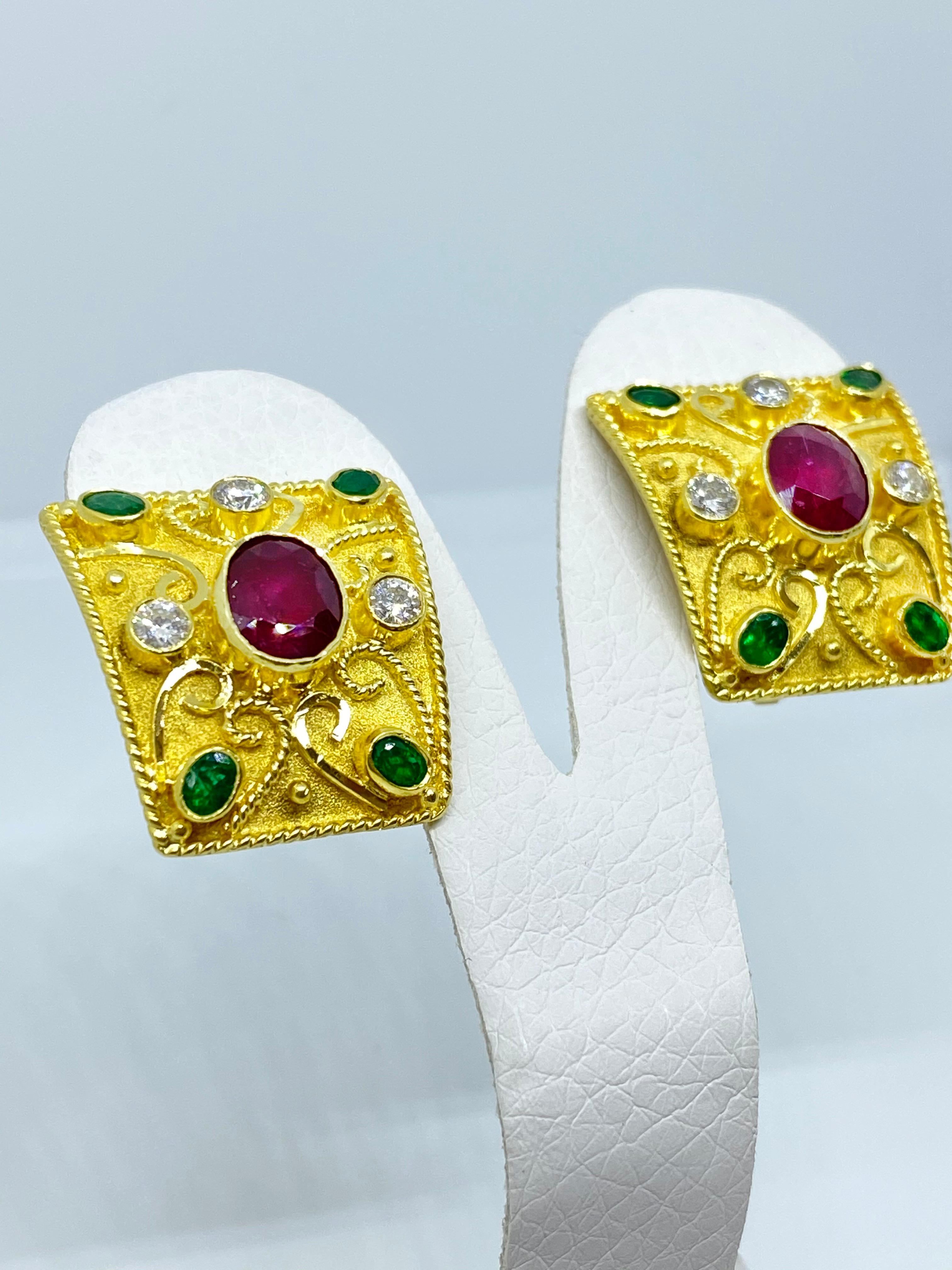 Georgios Collections 18 Karat Yellow Gold Diamond Ruby and Emerald Earrings For Sale 10