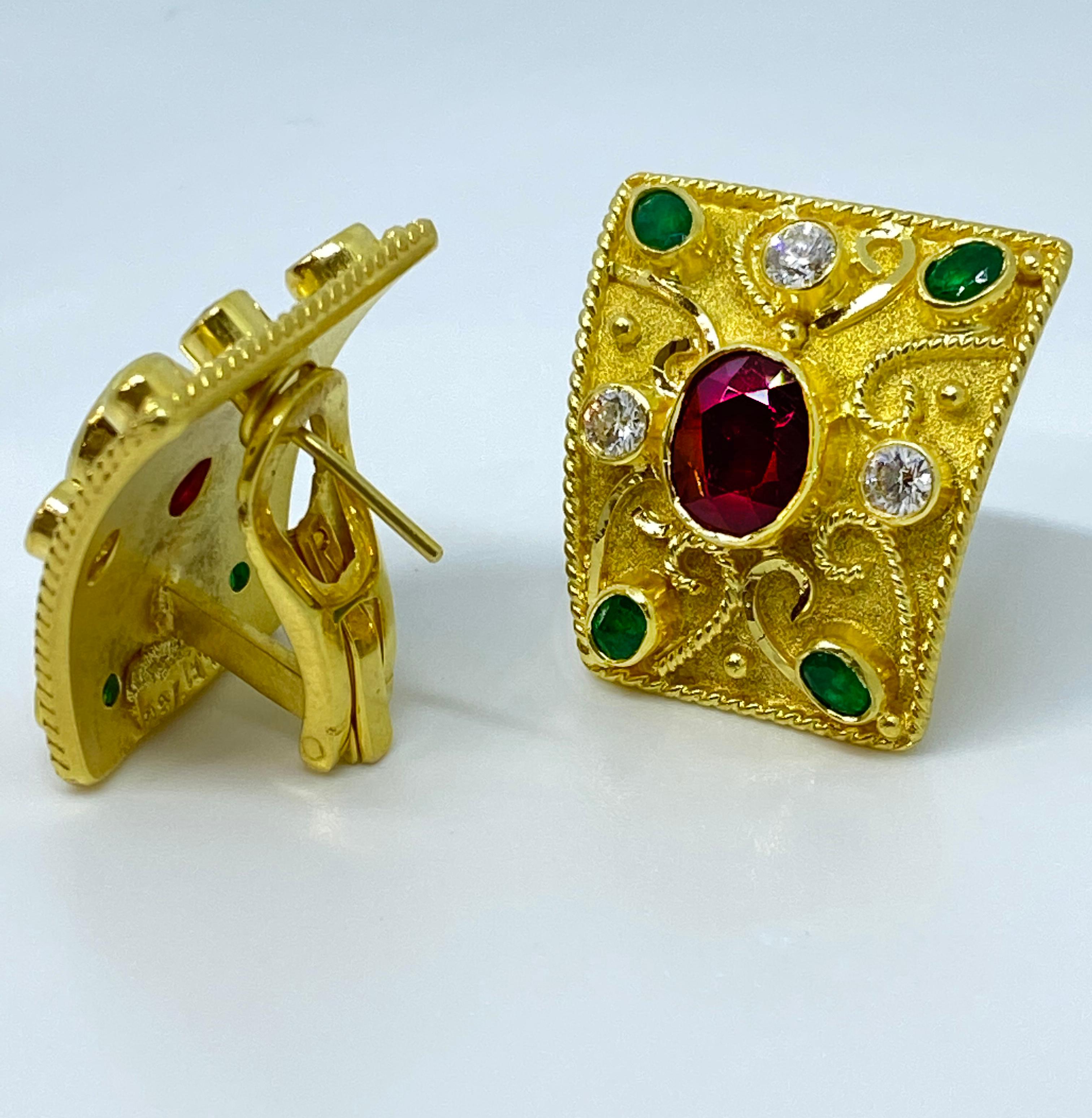 Byzantine Georgios Collections 18 Karat Yellow Gold Diamond Ruby and Emerald Earrings For Sale