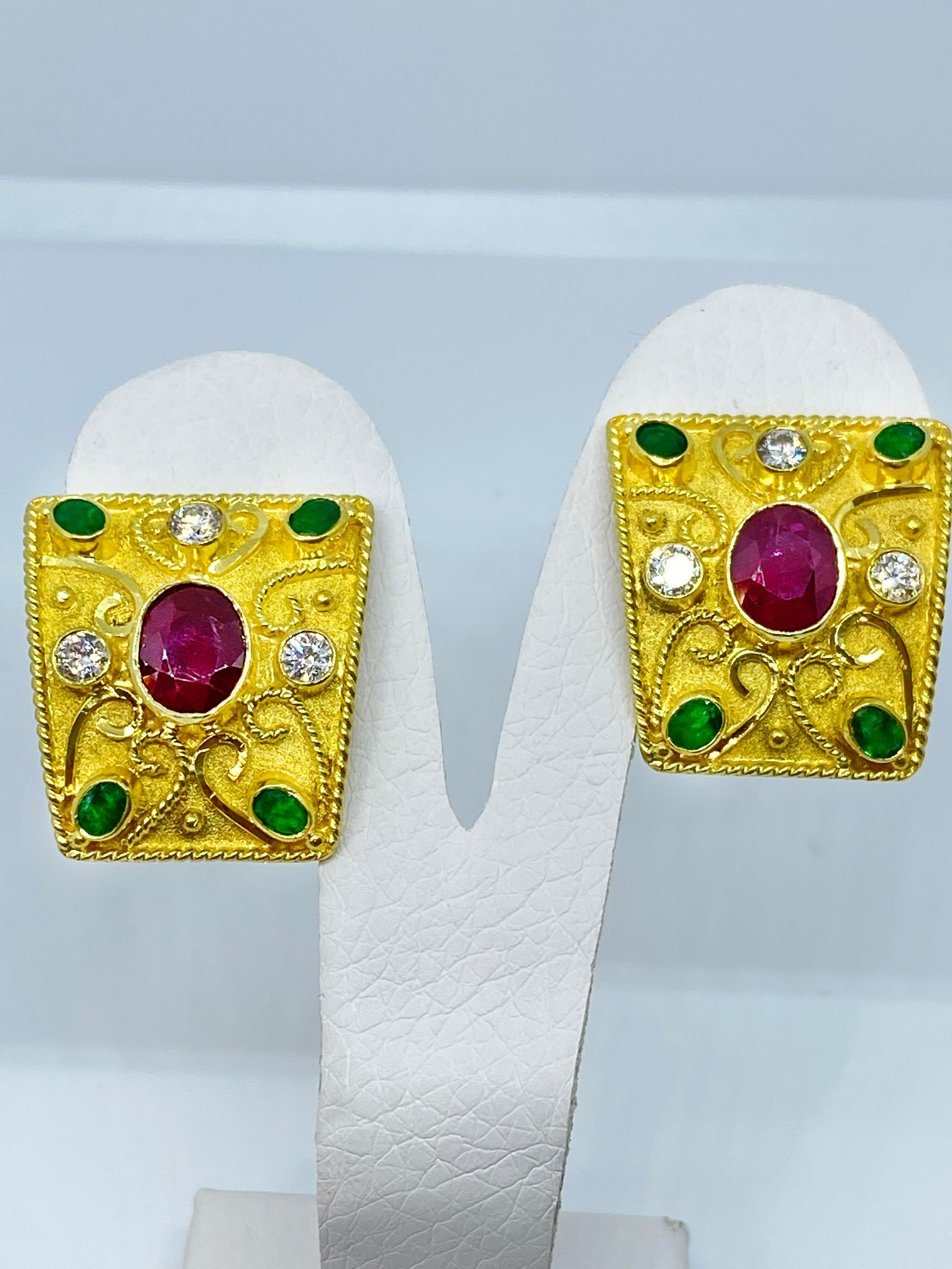 Georgios Collections 18 Karat Yellow Gold Diamond Ruby and Emerald Earrings In New Condition For Sale In Astoria, NY