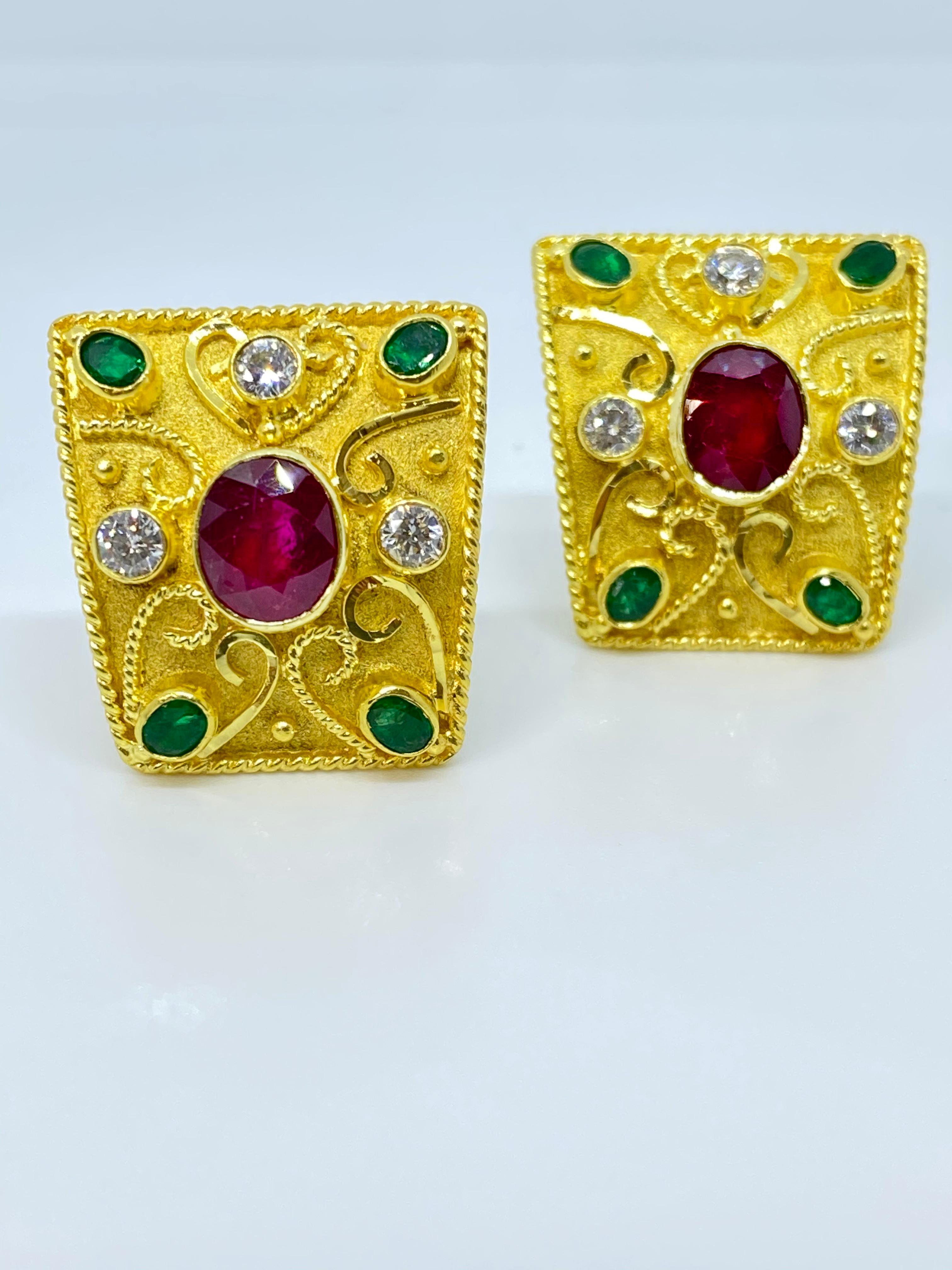 Women's Georgios Collections 18 Karat Yellow Gold Diamond Ruby and Emerald Earrings For Sale
