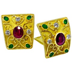 Georgios Collections 18 Karat Yellow Gold Diamond Ruby and Emerald Earrings