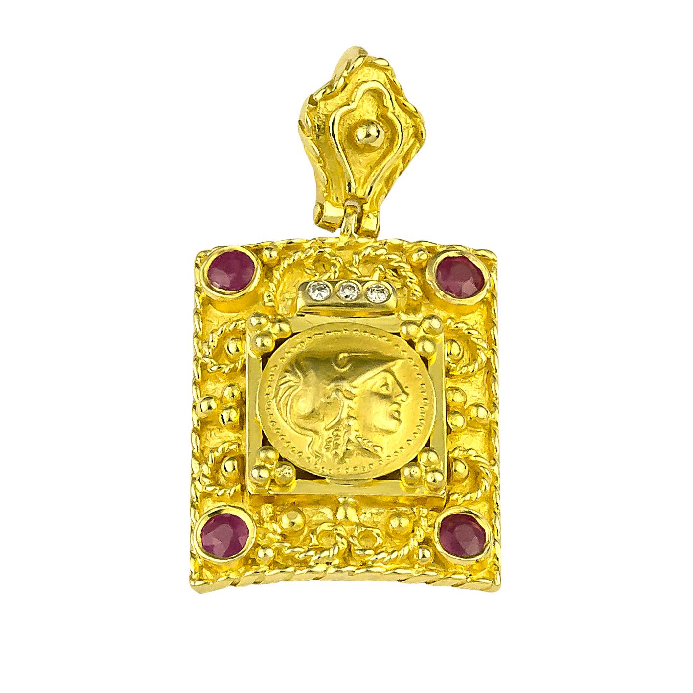 Georgios Collections Pendentif d'Athènes en or jaune 18 carats, diamants et rubis Neuf - En vente à Astoria, NY
