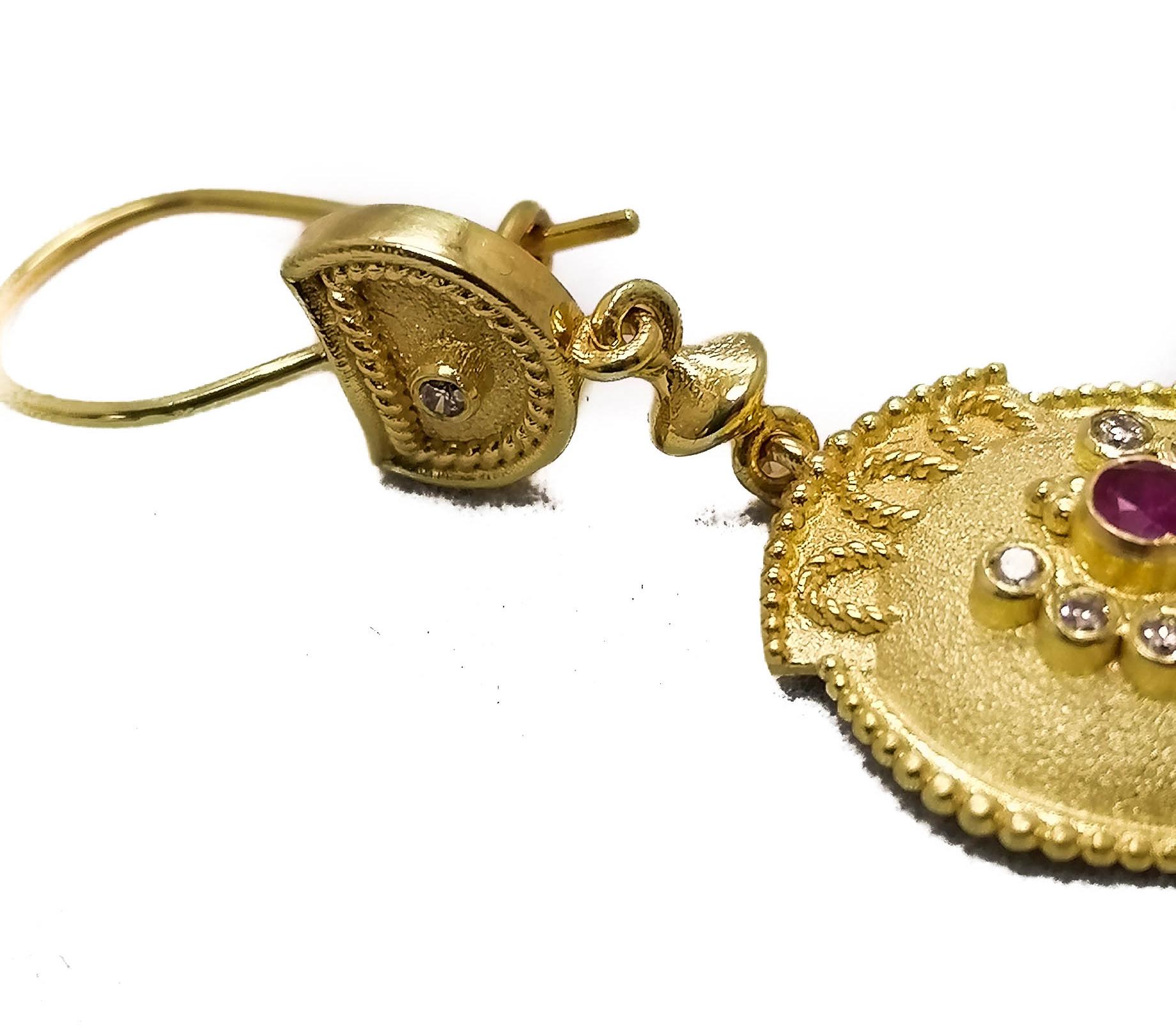 Georgios Collections 18 Karat Yellow Gold Diamond Ruby Dangle Drop Earrings For Sale 4