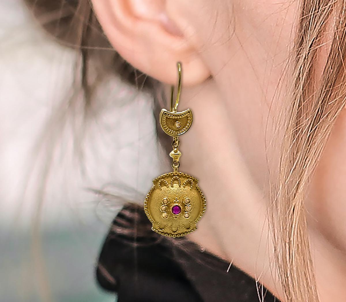 Georgios Collections 18 Karat Yellow Gold Diamond Ruby Dangle Drop Earrings For Sale 6
