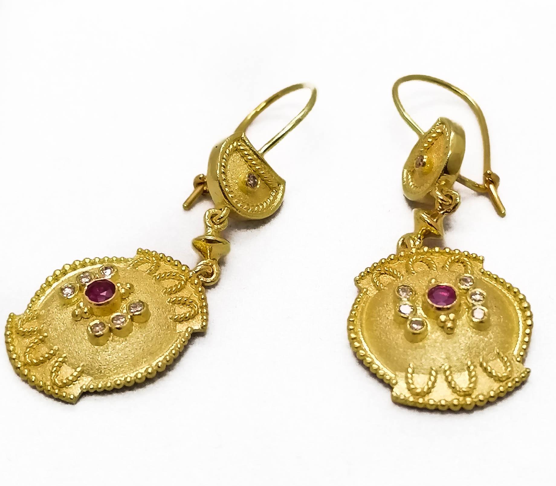 Georgios Collections 18 Karat Yellow Gold Diamond Ruby Dangle Drop Earrings For Sale 7