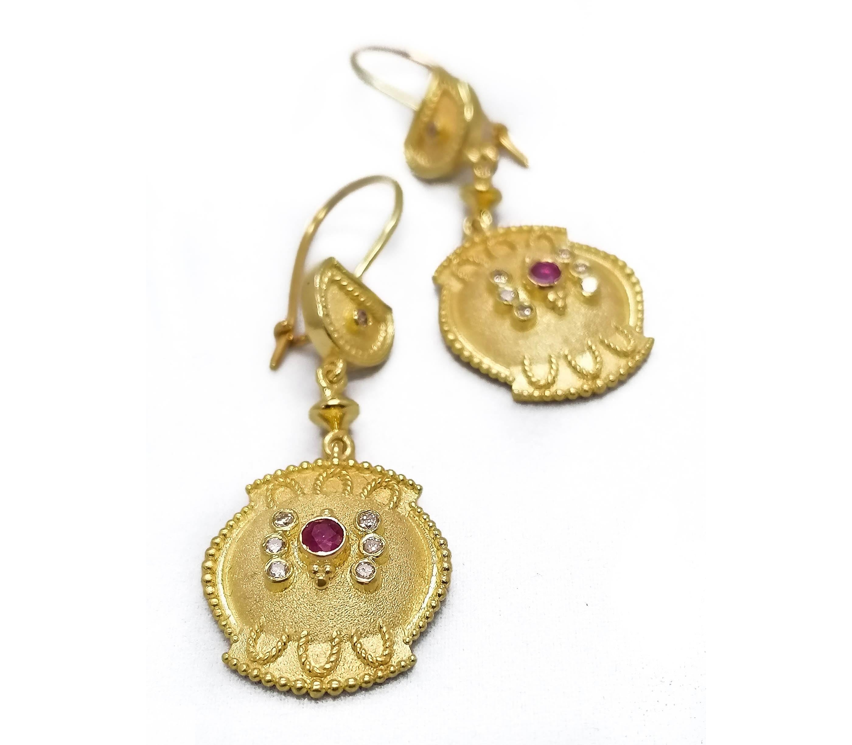 Georgios Collections 18 Karat Yellow Gold Diamond Ruby Dangle Drop Earrings For Sale 1