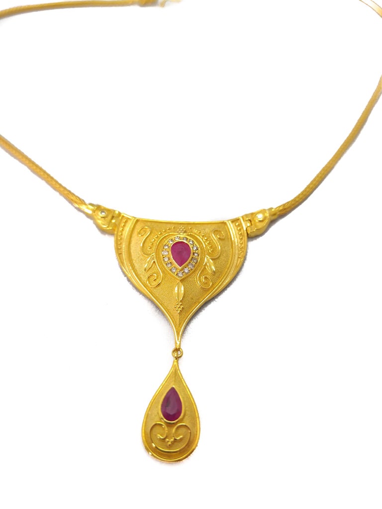 Pear Cut Georgios Collections 18 Karat Yellow Gold Diamond Ruby Dangle Drop Necklace  For Sale