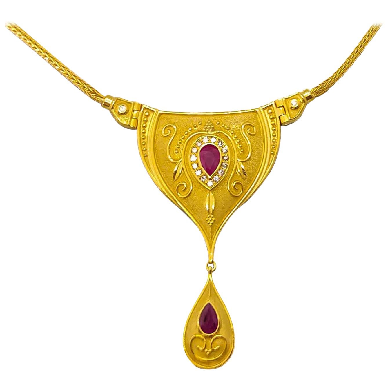 Georgios Collections 18 Karat Yellow Gold Diamond Ruby Dangle Drop Necklace 