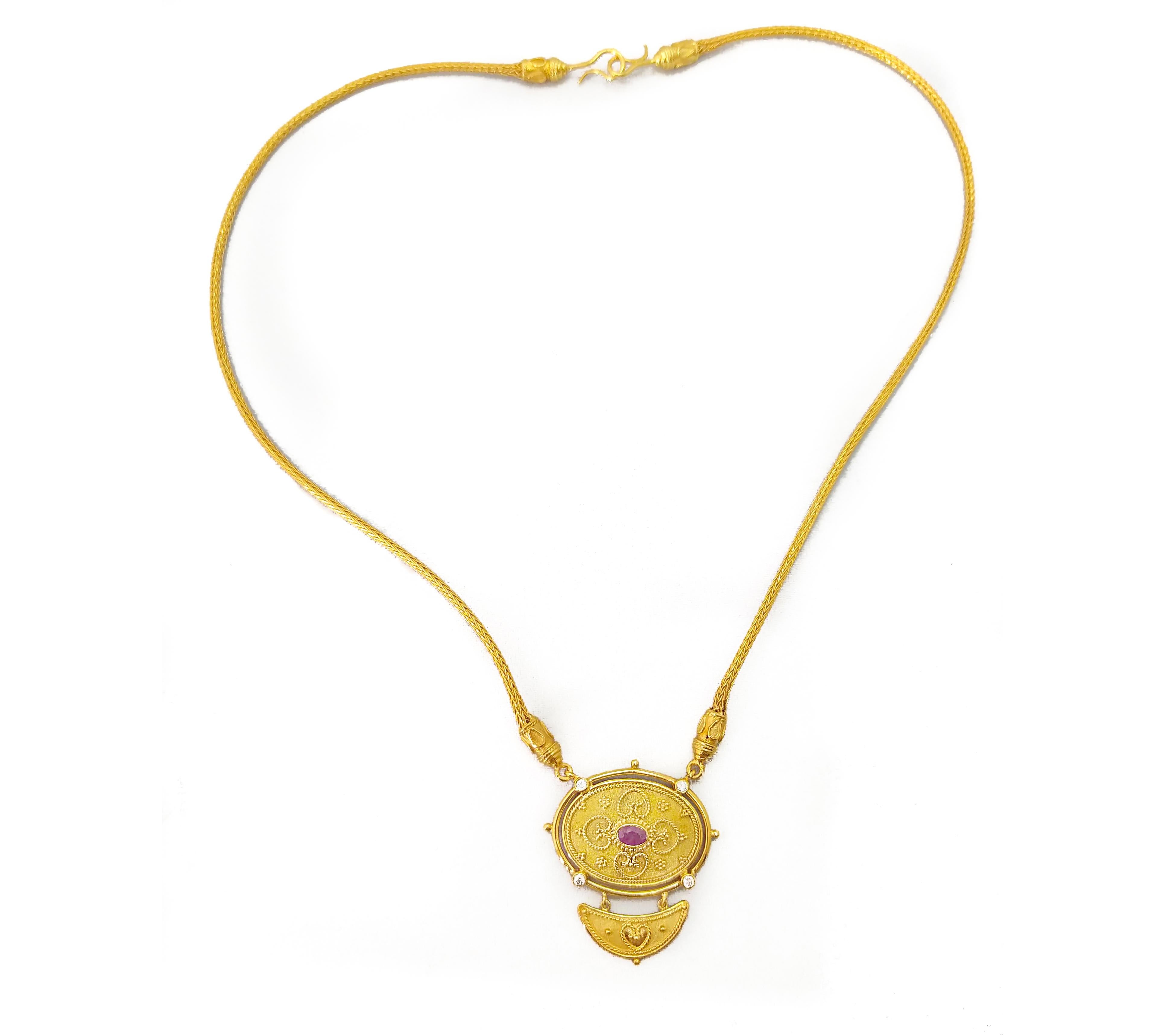 Georgios Collections, 18 Karat Gelbgold, Diamant-Rubin-Tropfen-Anhänger Halskette (Ovalschliff) im Angebot