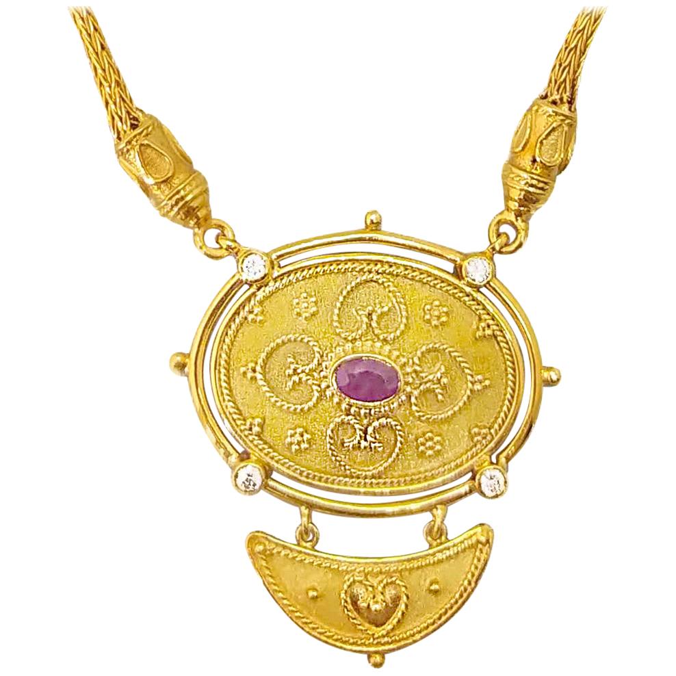 Georgios Collections 18 Karat Yellow Gold Diamond Ruby Drop Pendant Necklace