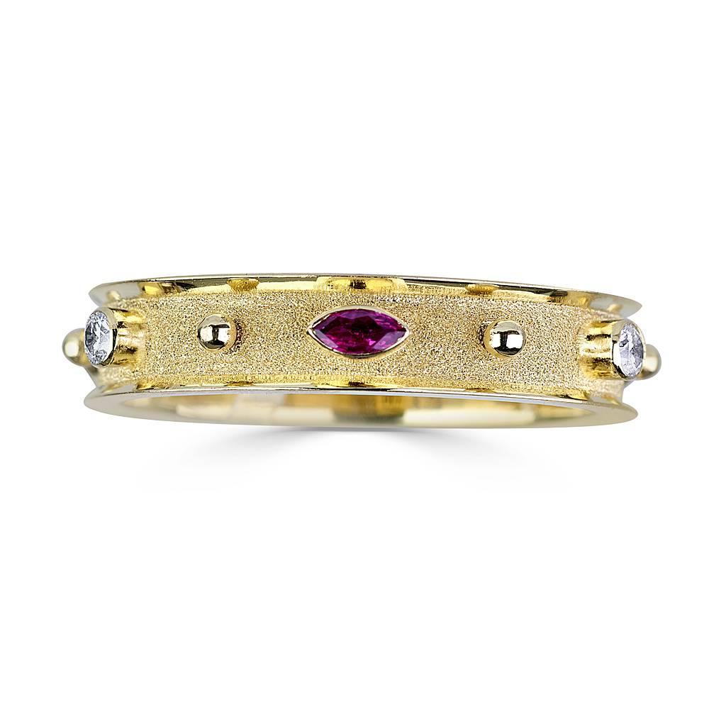 S.Georgios designer thin band ring all handmade from solid 18 Karat Yellow Gold. The gorgeous band ring is microscopically decorated all the way around with gold beads and has a velvet background look in Byzantine style. This beautiful piece