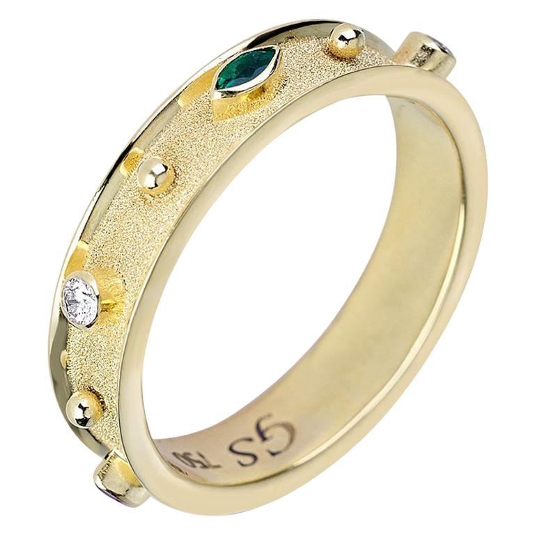 Georgios Collections Ring aus 18 Karat Gelbgold mit Diamant, Rubin, Smaragd und Saphir