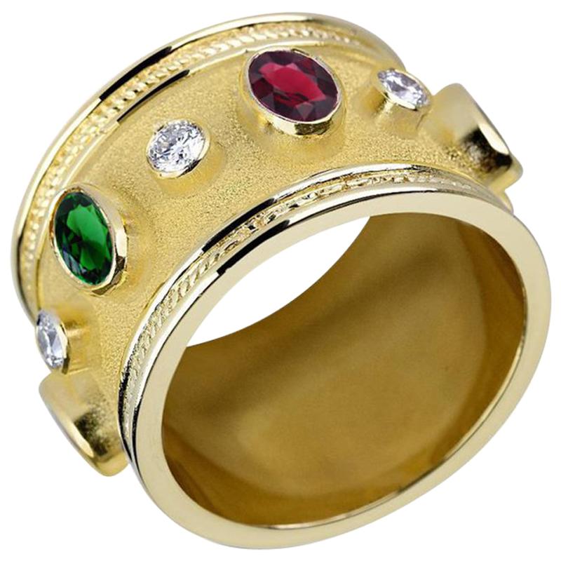 Georgios Collections 18 Karat Yellow Gold Diamond Ruby Emerald Sapphire Ring For Sale