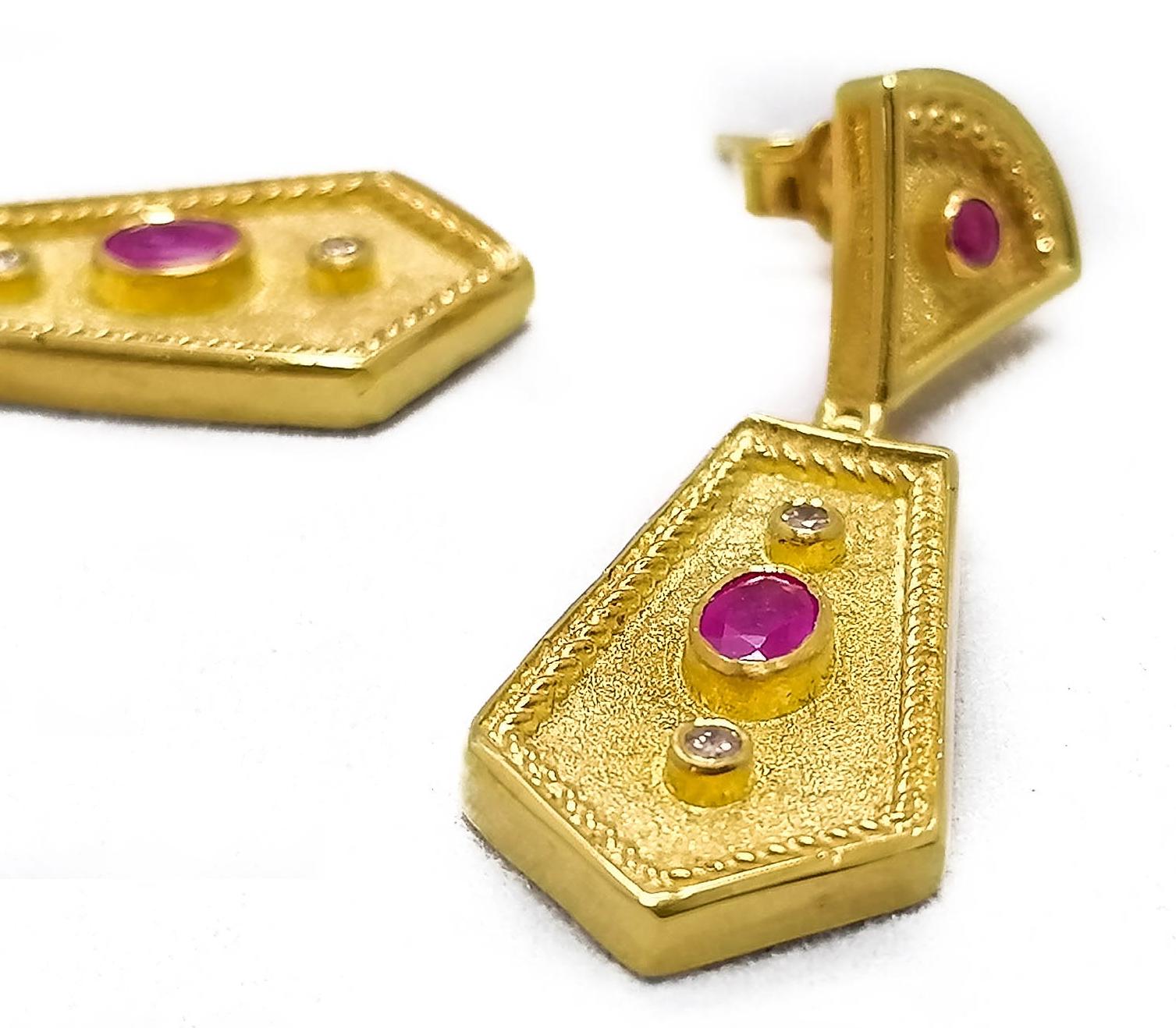 Georgios Collections 18 Karat Yellow Gold Diamond Ruby Etruscan-Style Earrings For Sale 4