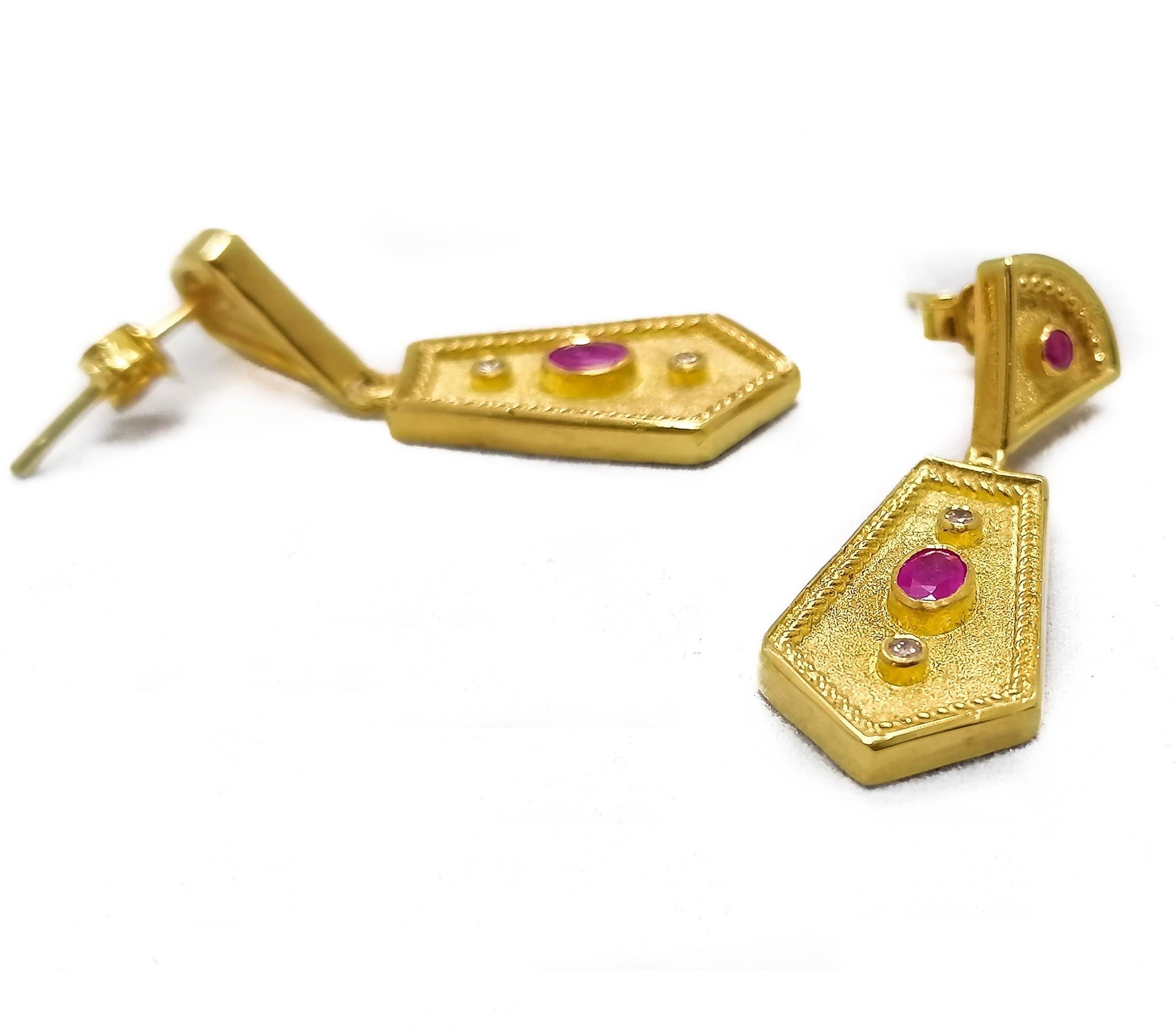 Georgios Collections 18 Karat Yellow Gold Diamond Ruby Etruscan-Style Earrings For Sale 5