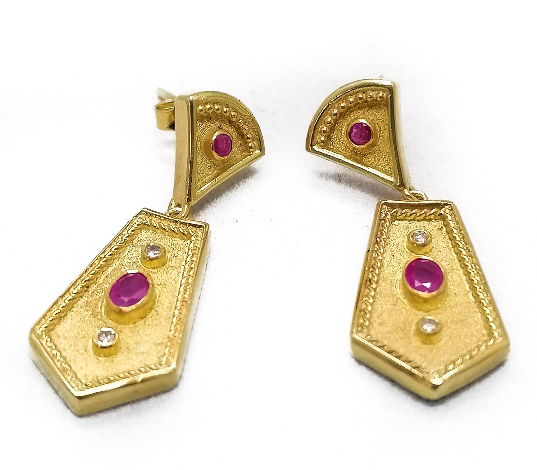 Byzantine Georgios Collections 18 Karat Yellow Gold Diamond Ruby Etruscan-Style Earrings For Sale