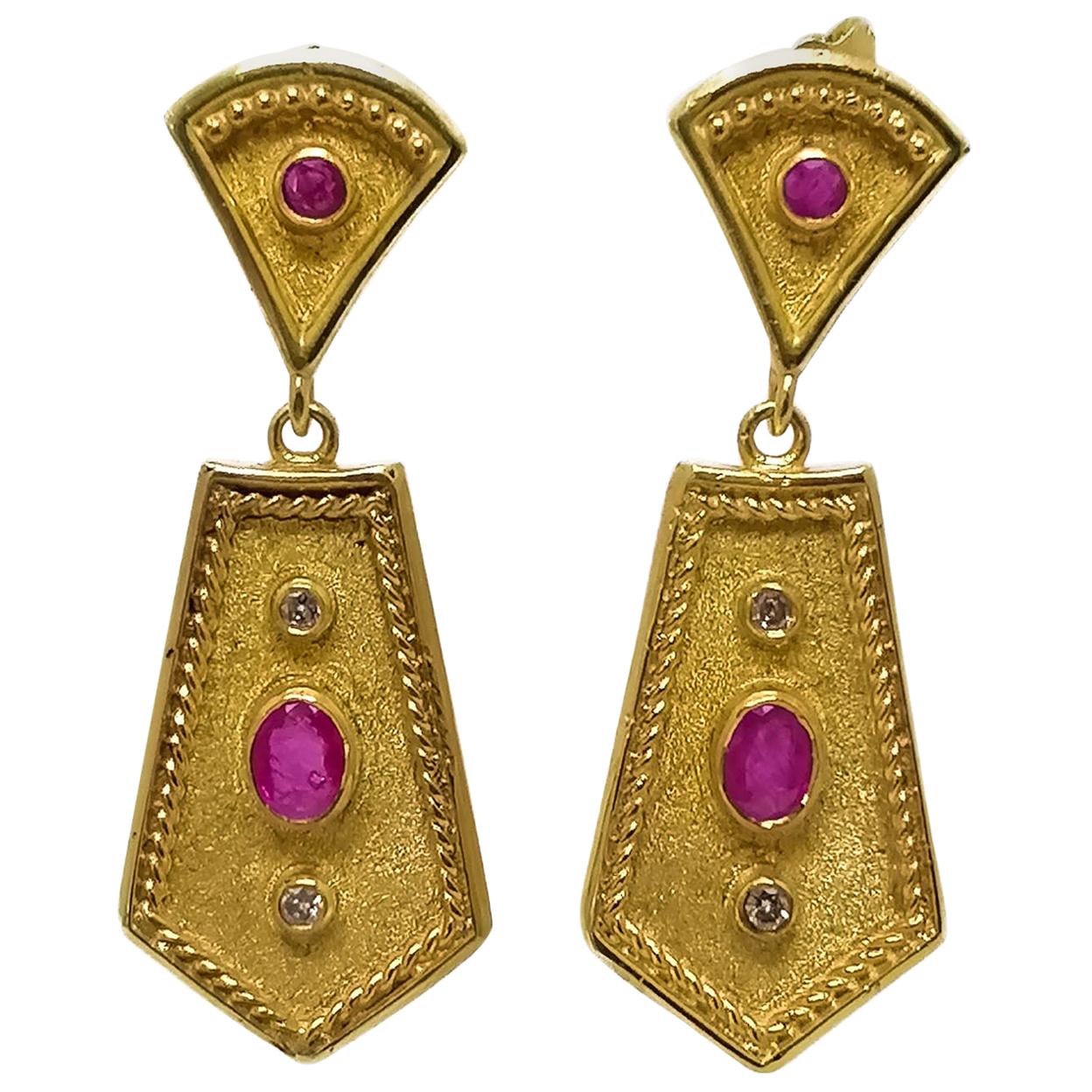 Georgios Collections 18 Karat Yellow Gold Diamond Ruby Etruscan-Style Earrings For Sale