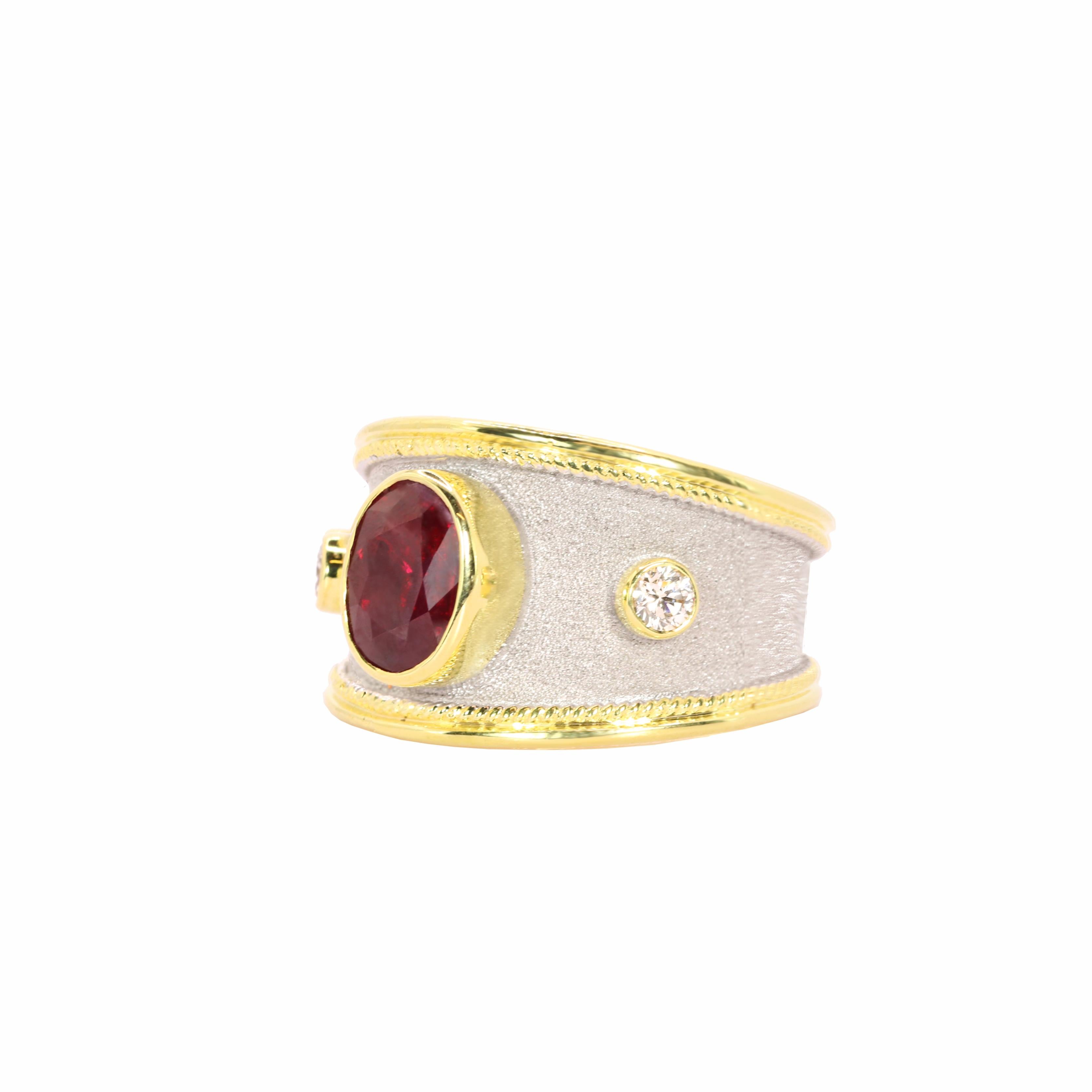 Georgios Collections Anillo de oro amarillo de 18 quilates con diamantes y rubí y rodio blanco en Nuevo estado para la venta en Astoria, NY
